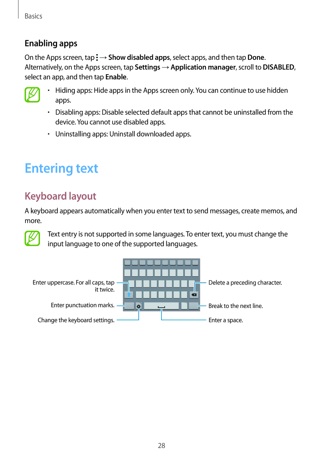 Samsung SM-G530FZAATPL, SM-G530FZWAOPT, SM-G530FZAATCL, SM-G530FZWASEB manual Entering text, Keyboard layout, Enabling apps 