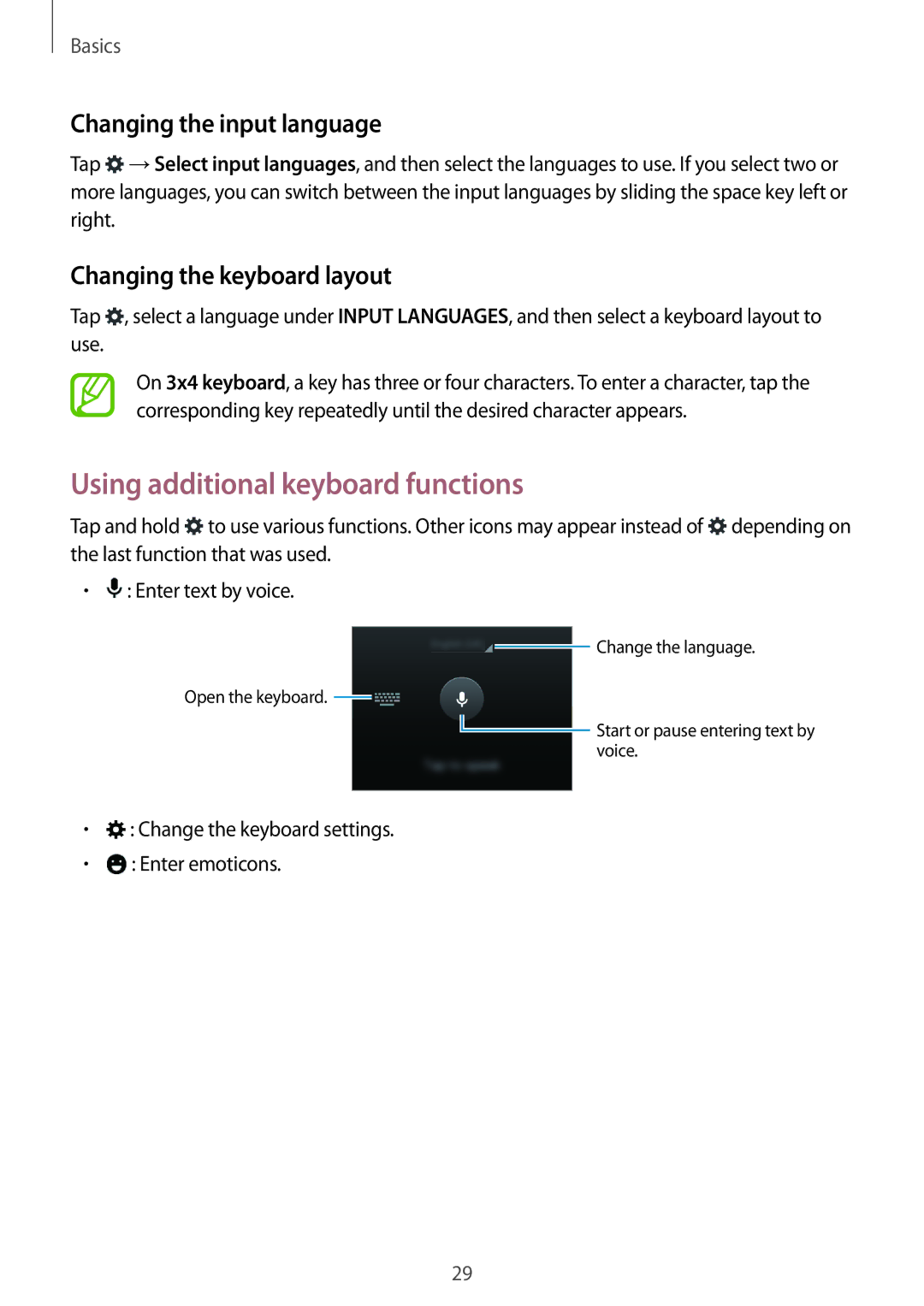 Samsung SM-G530FZAATIM Using additional keyboard functions, Changing the input language, Changing the keyboard layout 