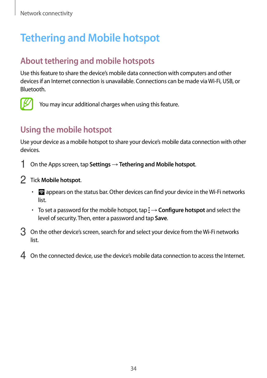 Samsung SM-G530FZAAWIN manual Tethering and Mobile hotspot, About tethering and mobile hotspots, Using the mobile hotspot 