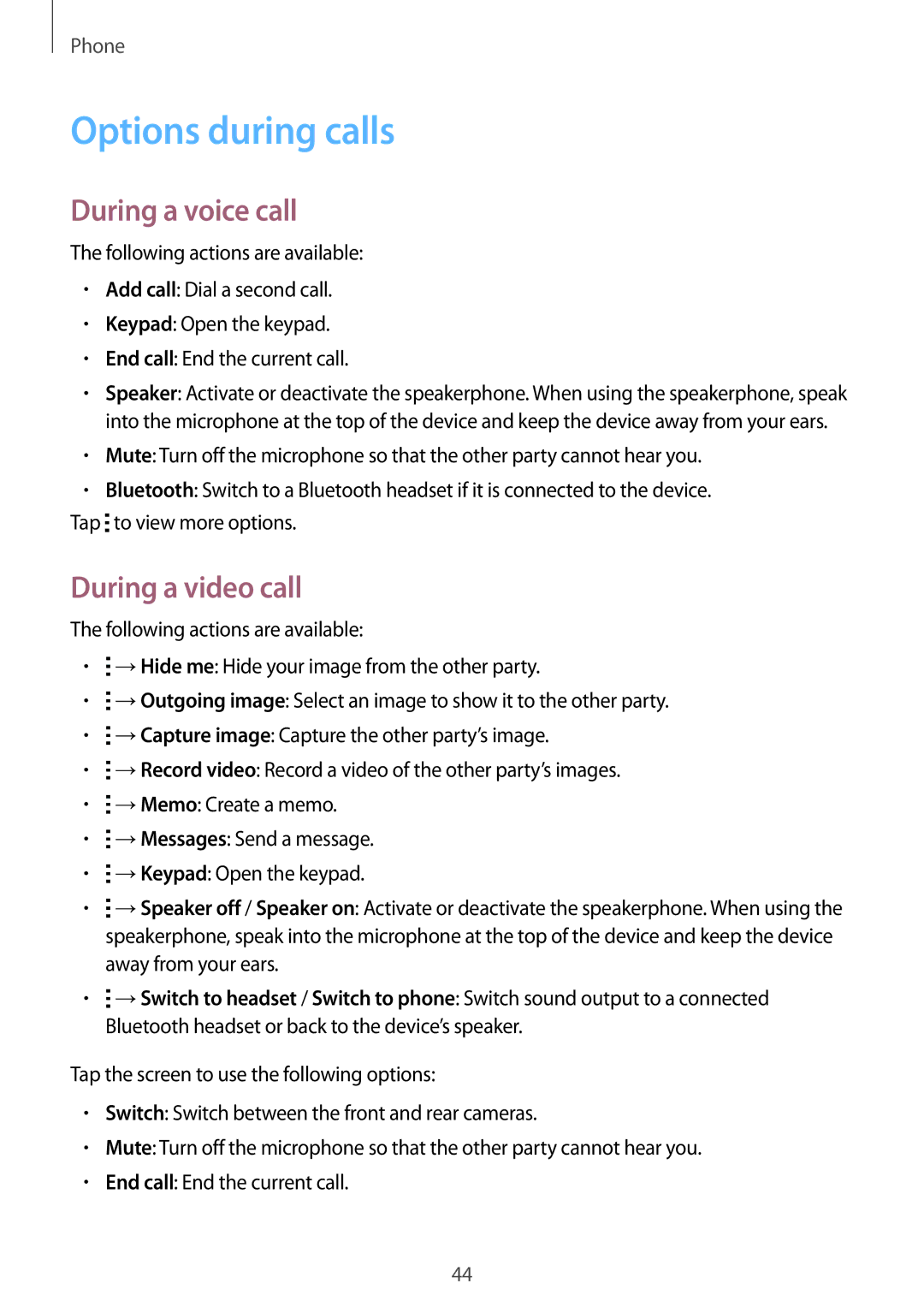 Samsung SM-G530FZAABGL, SM-G530FZWAOPT, SM-G530FZAATCL manual Options during calls, During a voice call, During a video call 