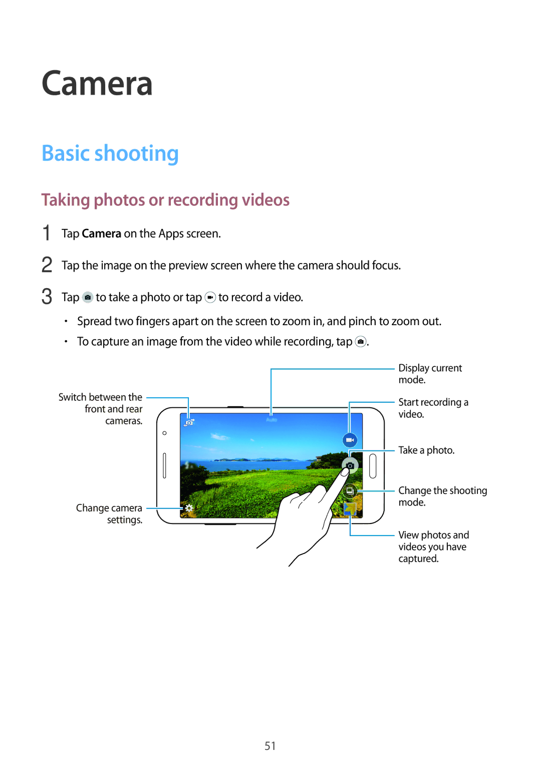 Samsung SM2G530FZWAXEH, SM-G530FZWAOPT, SM-G530FZAATCL manual Camera, Basic shooting, Taking photos or recording videos 