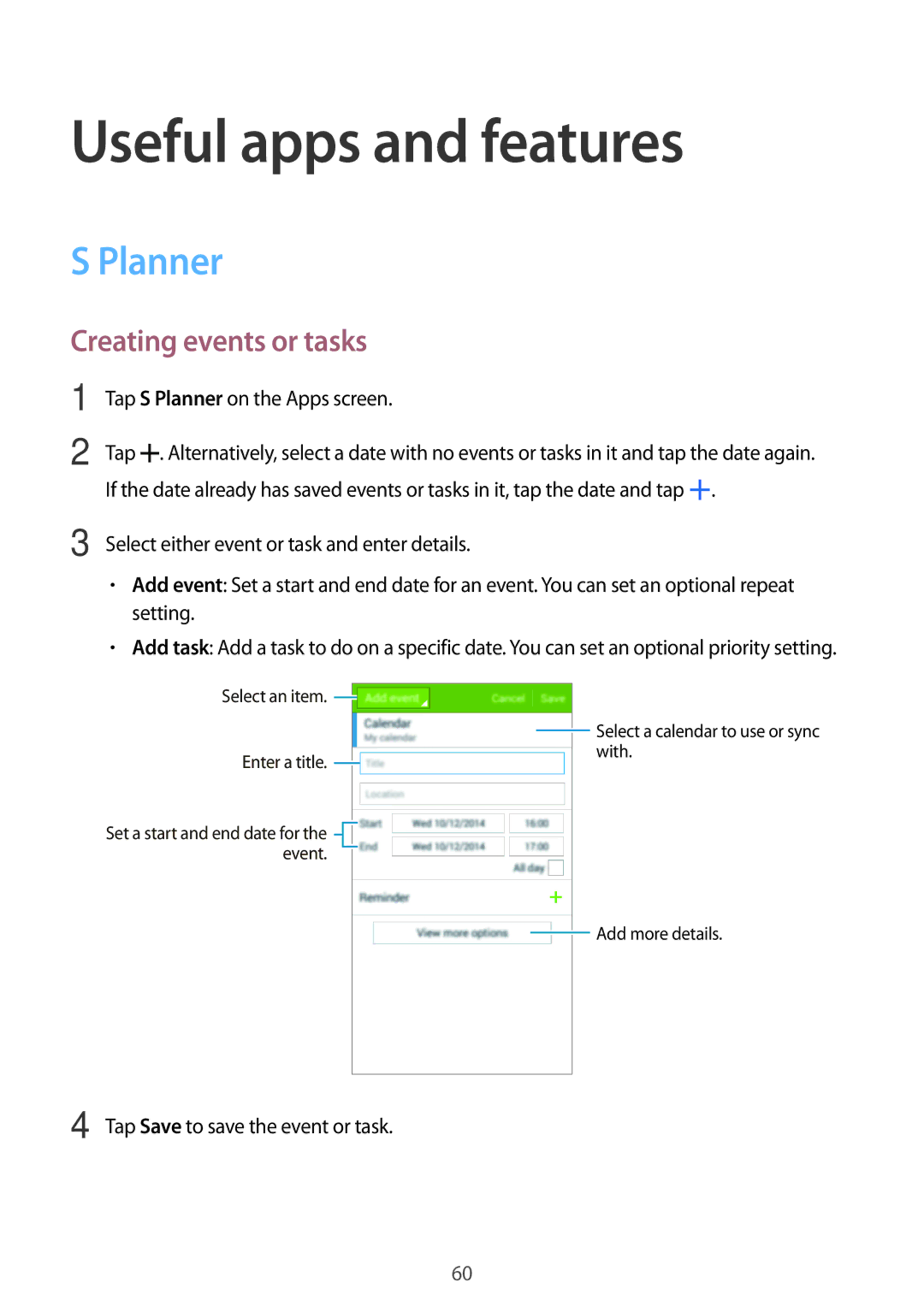 Samsung SM-G530FZAAUPC, SM-G530FZWAOPT, SM-G530FZAATCL manual Useful apps and features, Planner, Creating events or tasks 