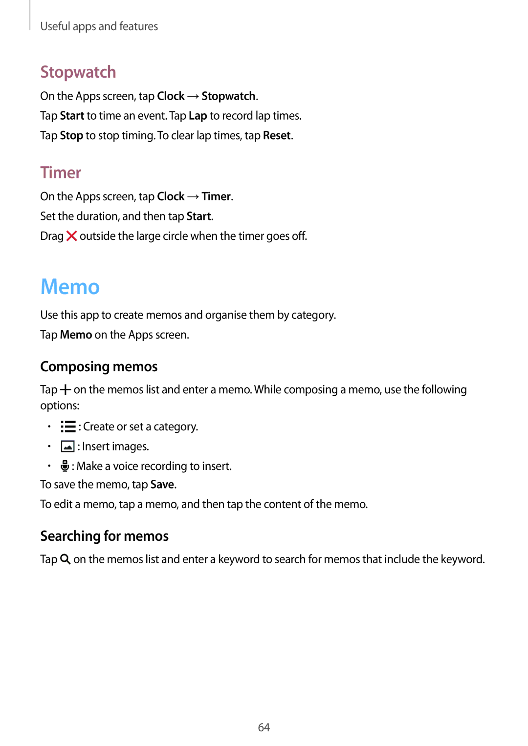 Samsung SM-G530FZAAETL, SM-G530FZWAOPT, SM-G530FZAATCL manual Memo, Stopwatch, Timer, Composing memos, Searching for memos 