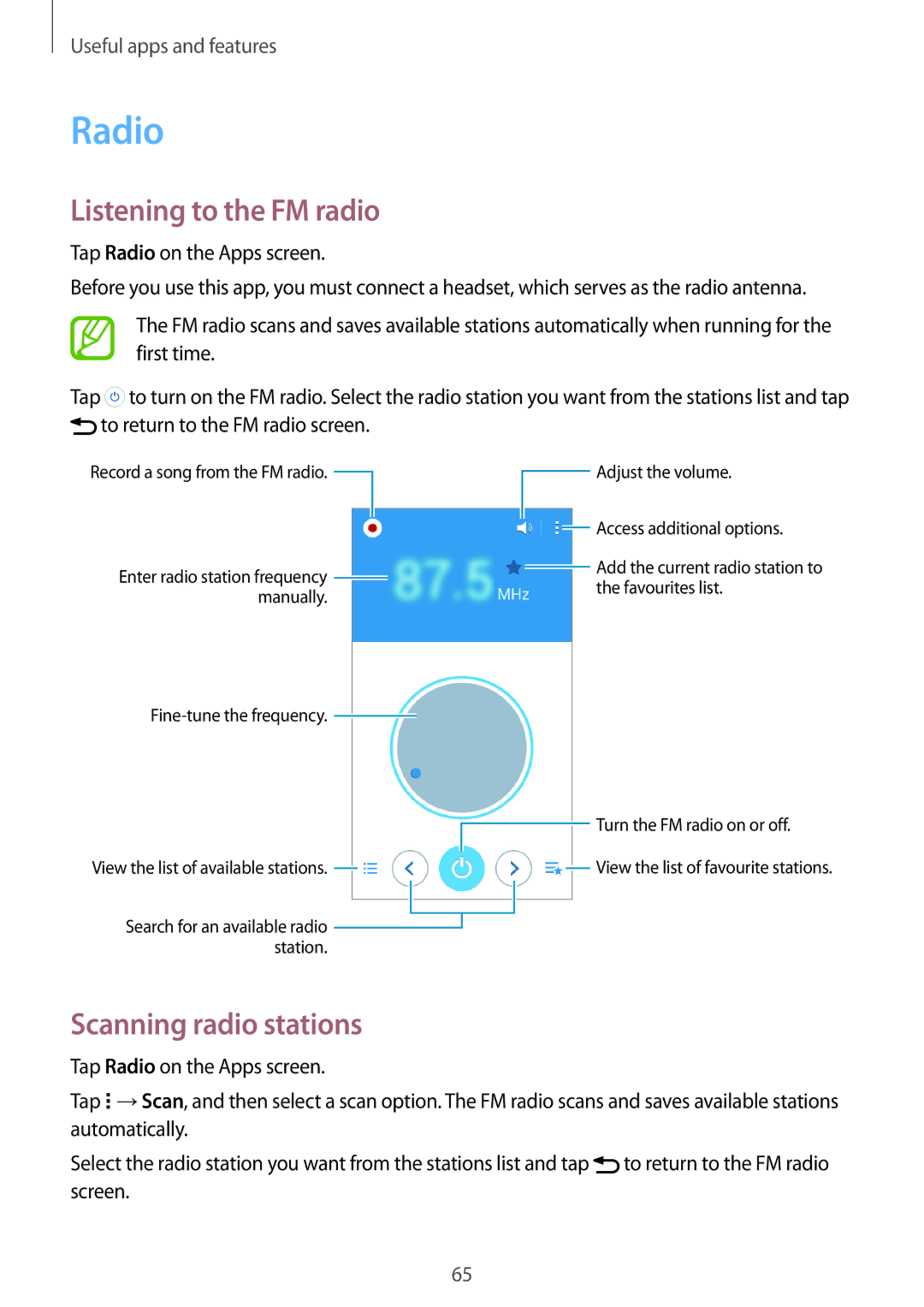 Samsung SM2G530FZAAXEH, SM-G530FZWAOPT, SM-G530FZAATCL manual Radio, Listening to the FM radio, Scanning radio stations 