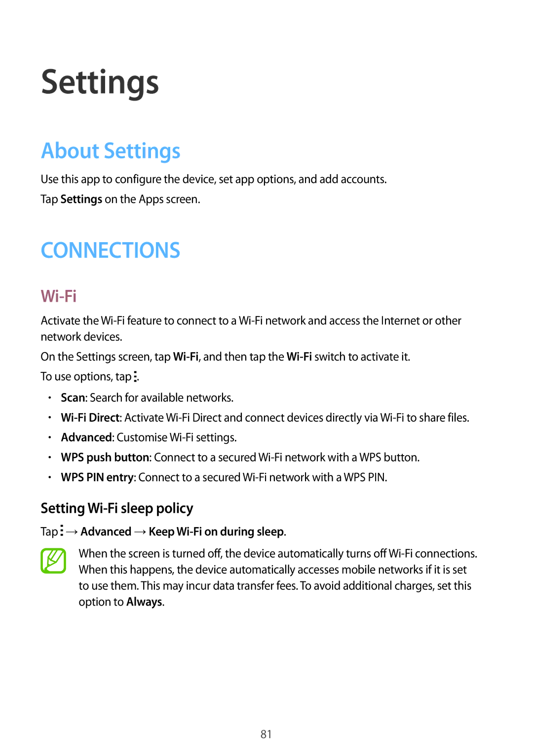 Samsung SM-G530FZWATCL manual About Settings, Setting Wi-Fi sleep policy, Tap →Advanced →Keep Wi-Fi on during sleep 