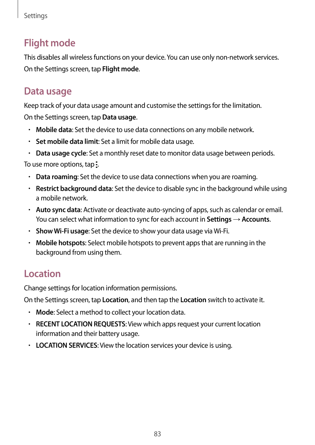 Samsung SM-G530FZAAXEO, SM-G530FZWAOPT, SM-G530FZAATCL, SM-G530FZWASEB, SM-G530FZAATPH manual Flight mode, Data usage, Location 
