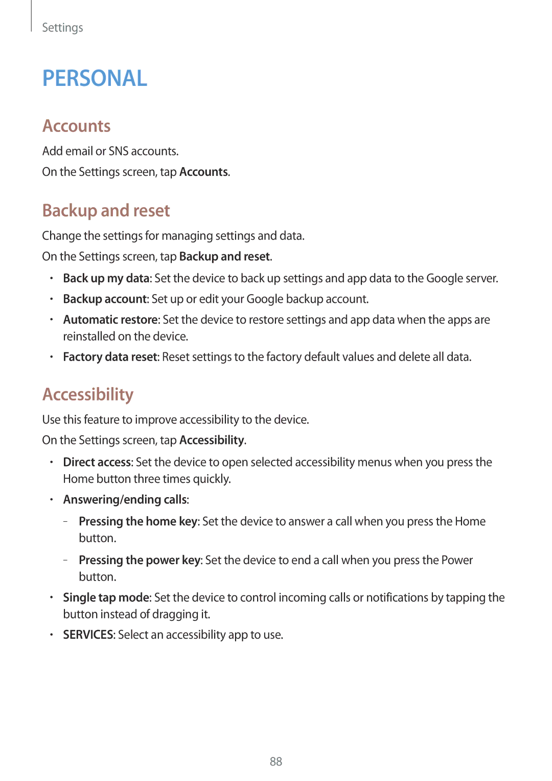 Samsung SM-G530FZAASEB, SM-G530FZWAOPT, SM-G530FZAATCL, SM-G530FZWASEB manual Accounts, Backup and reset, Accessibility 