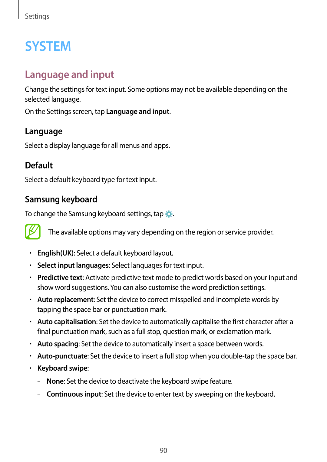 Samsung SM-G530FZWAVGF, SM-G530FZWAOPT, SM-G530FZAATCL manual Language and input, Default, Samsung keyboard, Keyboard swipe 