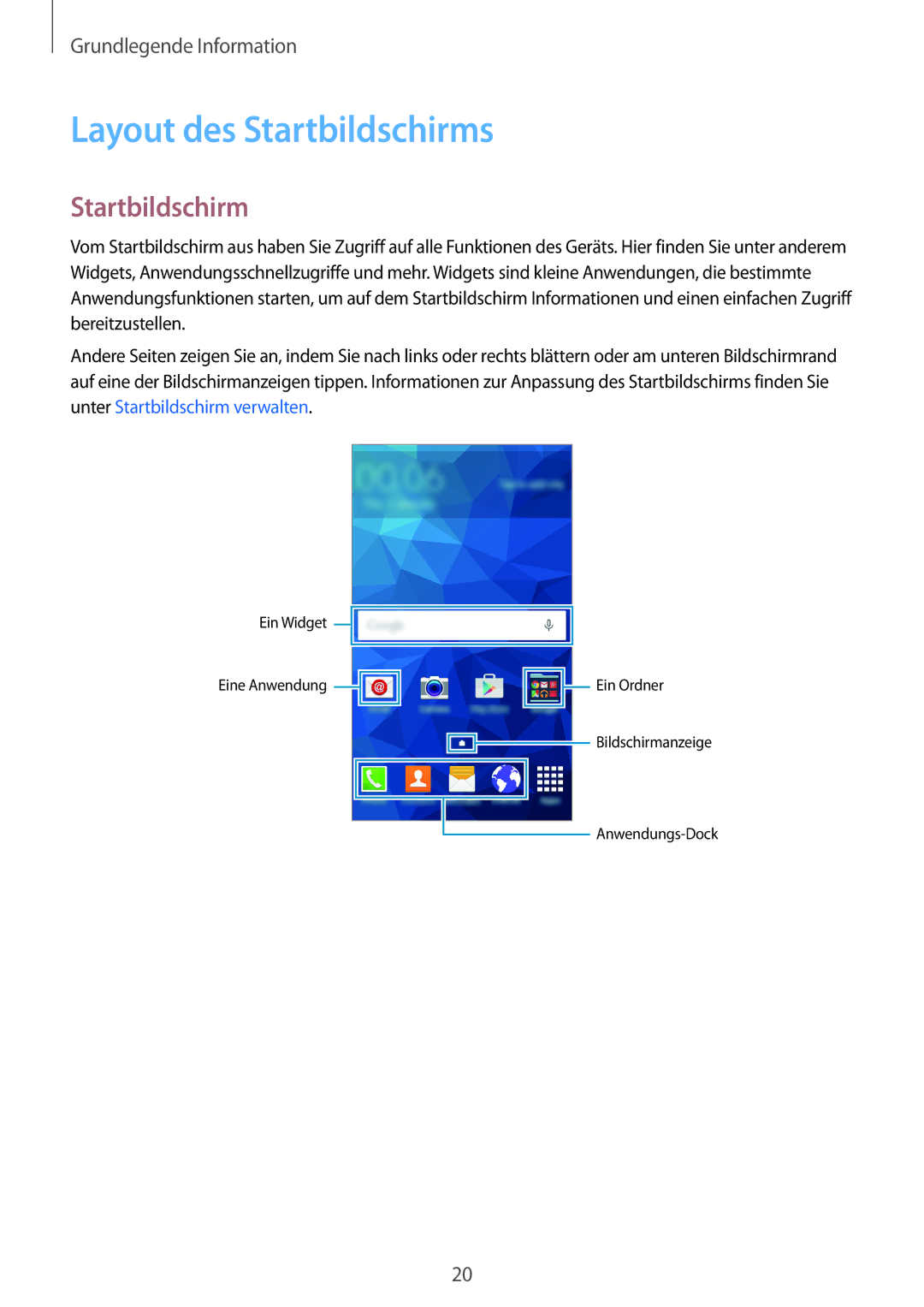 Samsung SM-G530FZWAOPT, SM-G530FZAATCL, SM-G530FZWASEB, SM-G530FZAATPH, SM-G530FZWATPH manual Layout des Startbildschirms 