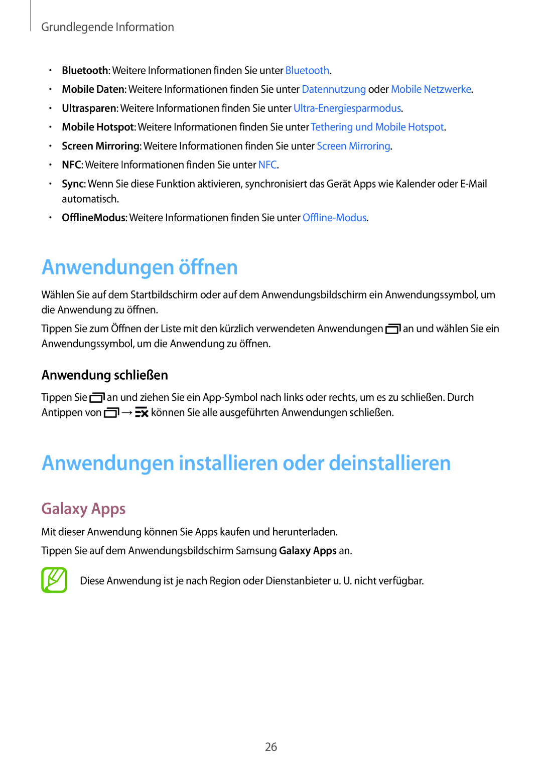 Samsung SM-G530FZAAOPT Anwendungen öffnen, Anwendungen installieren oder deinstallieren, Galaxy Apps, Anwendung schließen 