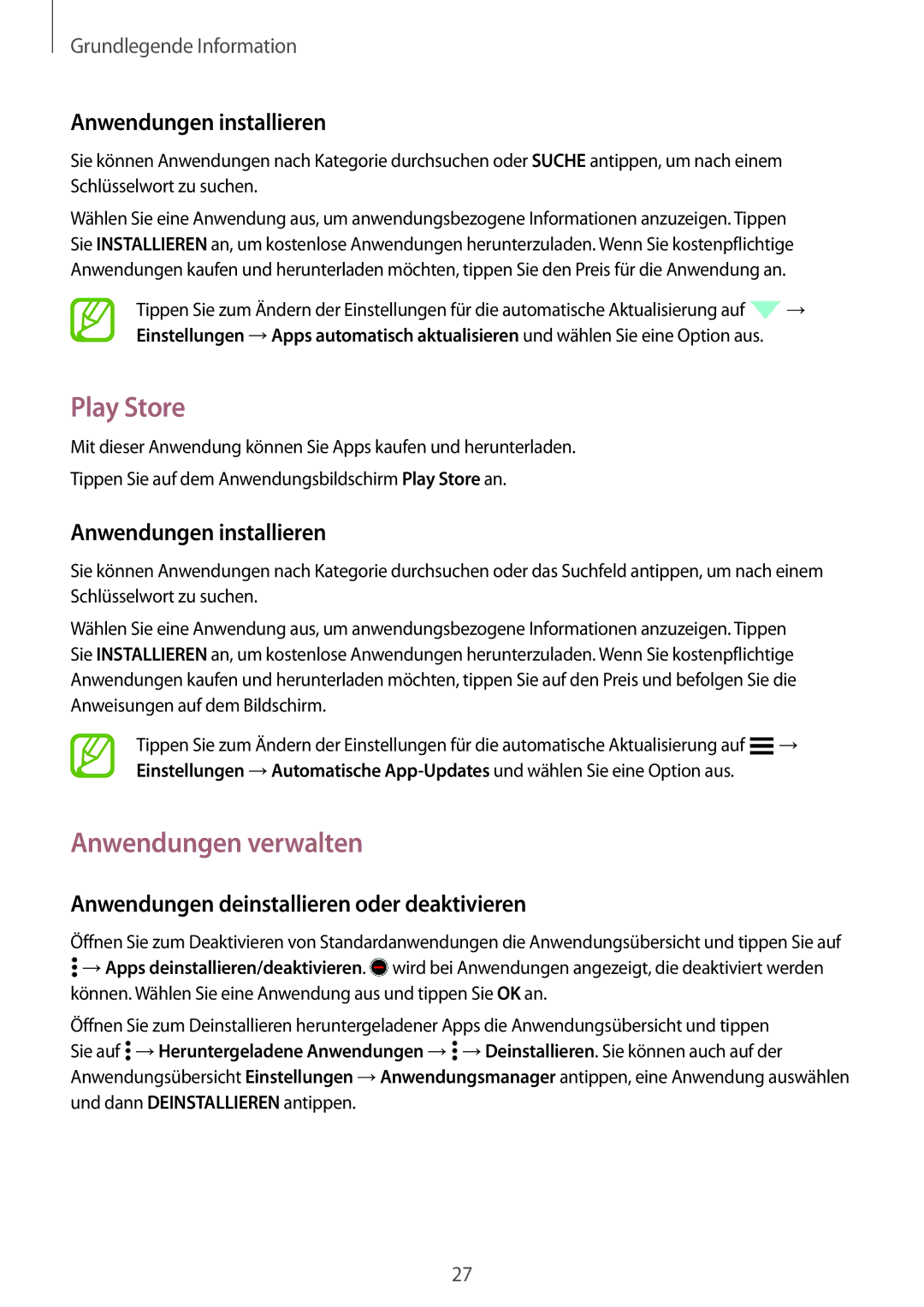 Samsung SM-G530FZWATCL, SM-G530FZWAOPT, SM-G530FZAATCL manual Play Store, Anwendungen verwalten, Anwendungen installieren 