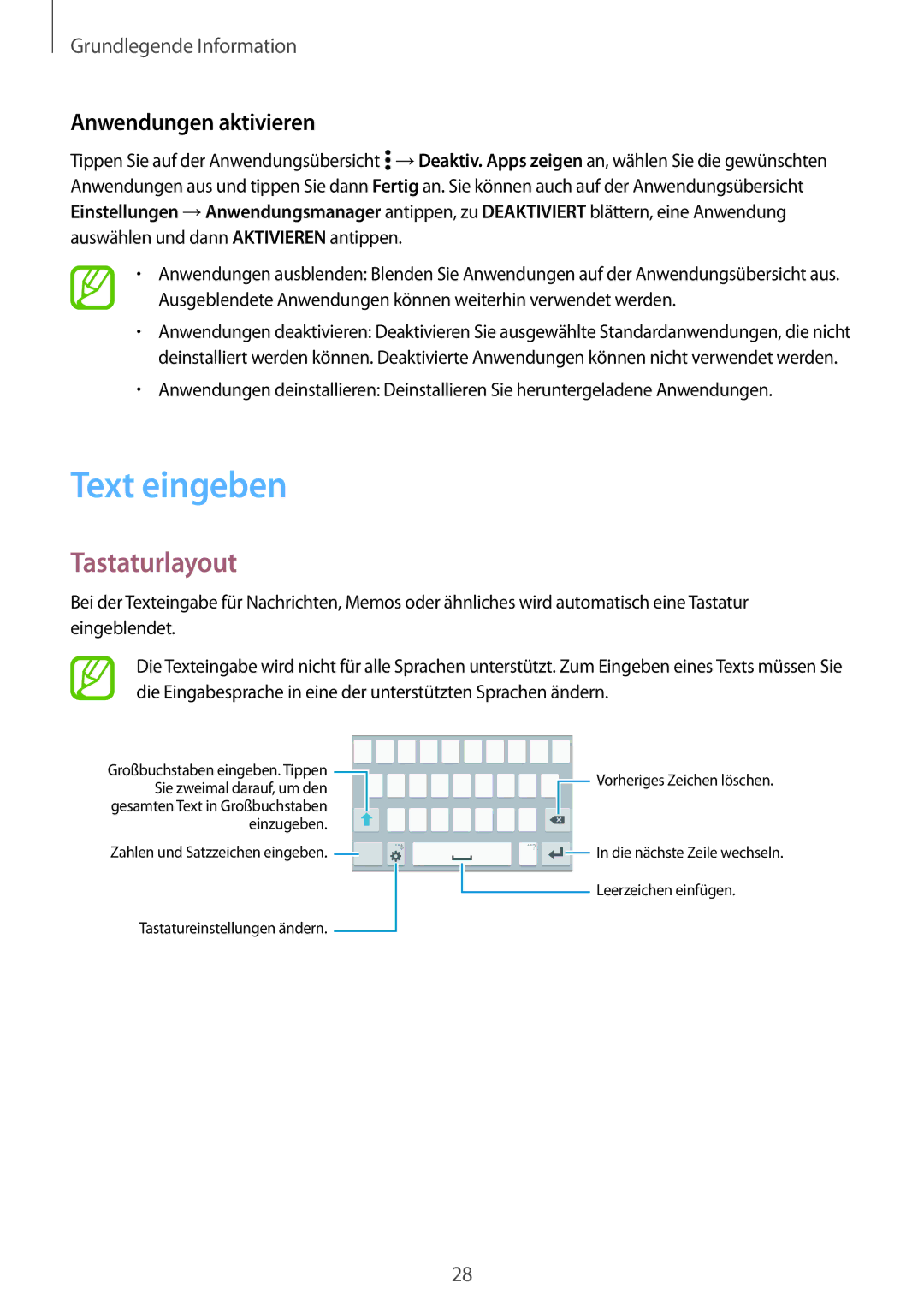 Samsung SM-G530FZWADBT, SM-G530FZWAOPT, SM-G530FZAATCL, SM-G530FZWASEB Text eingeben, Tastaturlayout, Anwendungen aktivieren 