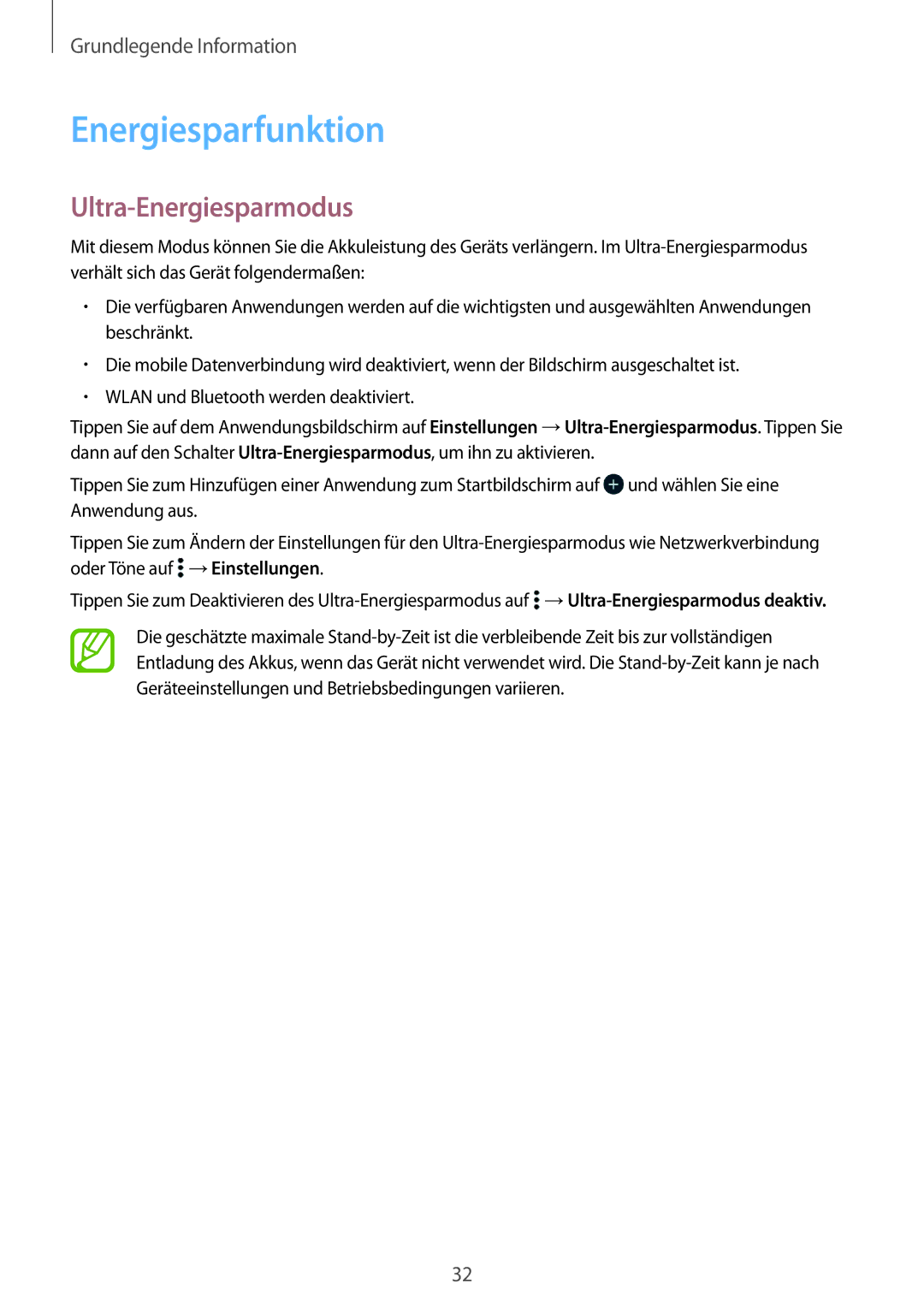 Samsung SM-G530FZAAMEO, SM-G530FZWAOPT, SM-G530FZAATCL, SM-G530FZWASEB manual Energiesparfunktion, Ultra-Energiesparmodus 