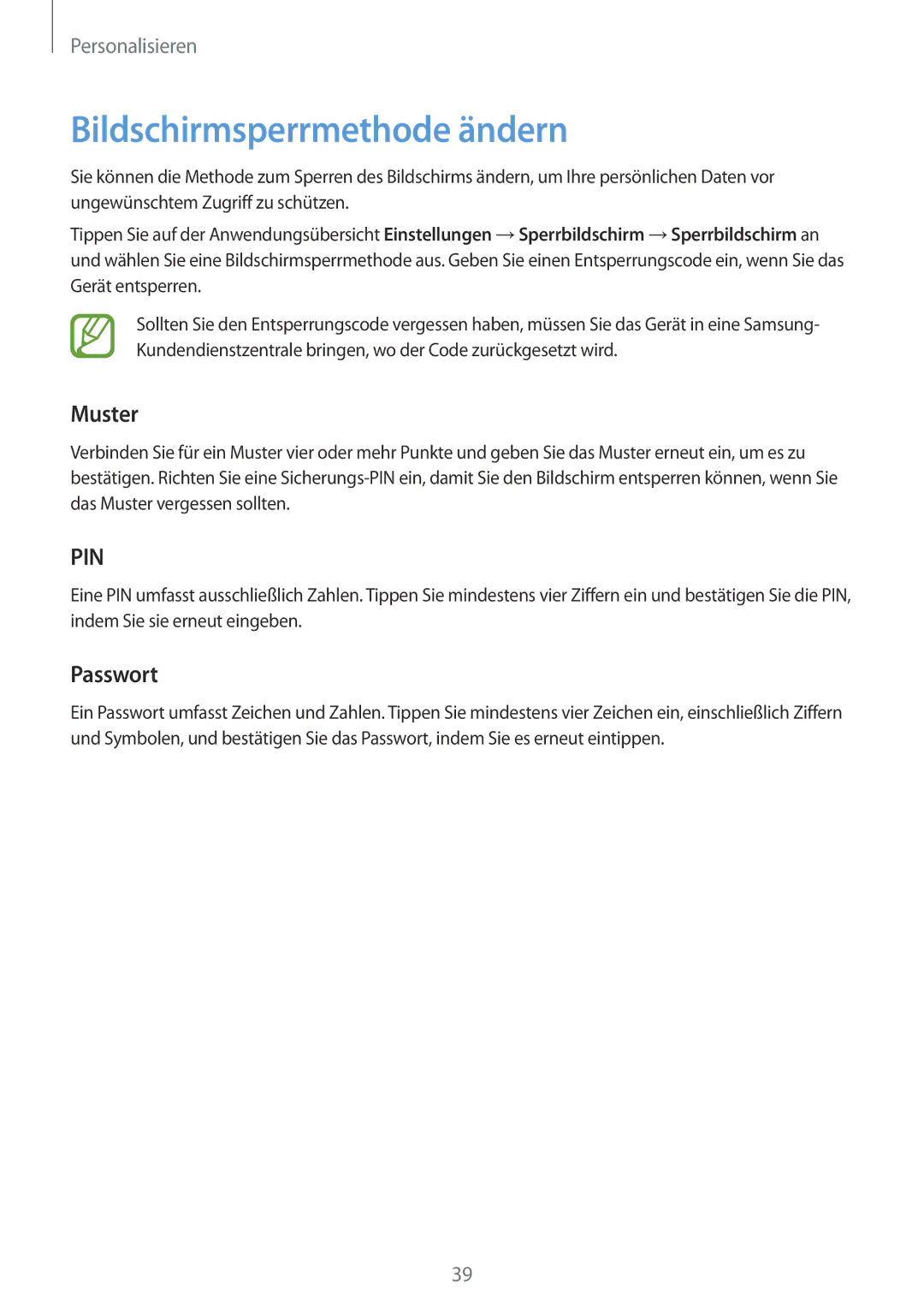 Samsung SM-G530FZWAXEF, SM-G530FZWAOPT, SM-G530FZAATCL, SM-G530FZWASEB manual Bildschirmsperrmethode ändern, Muster, Passwort 
