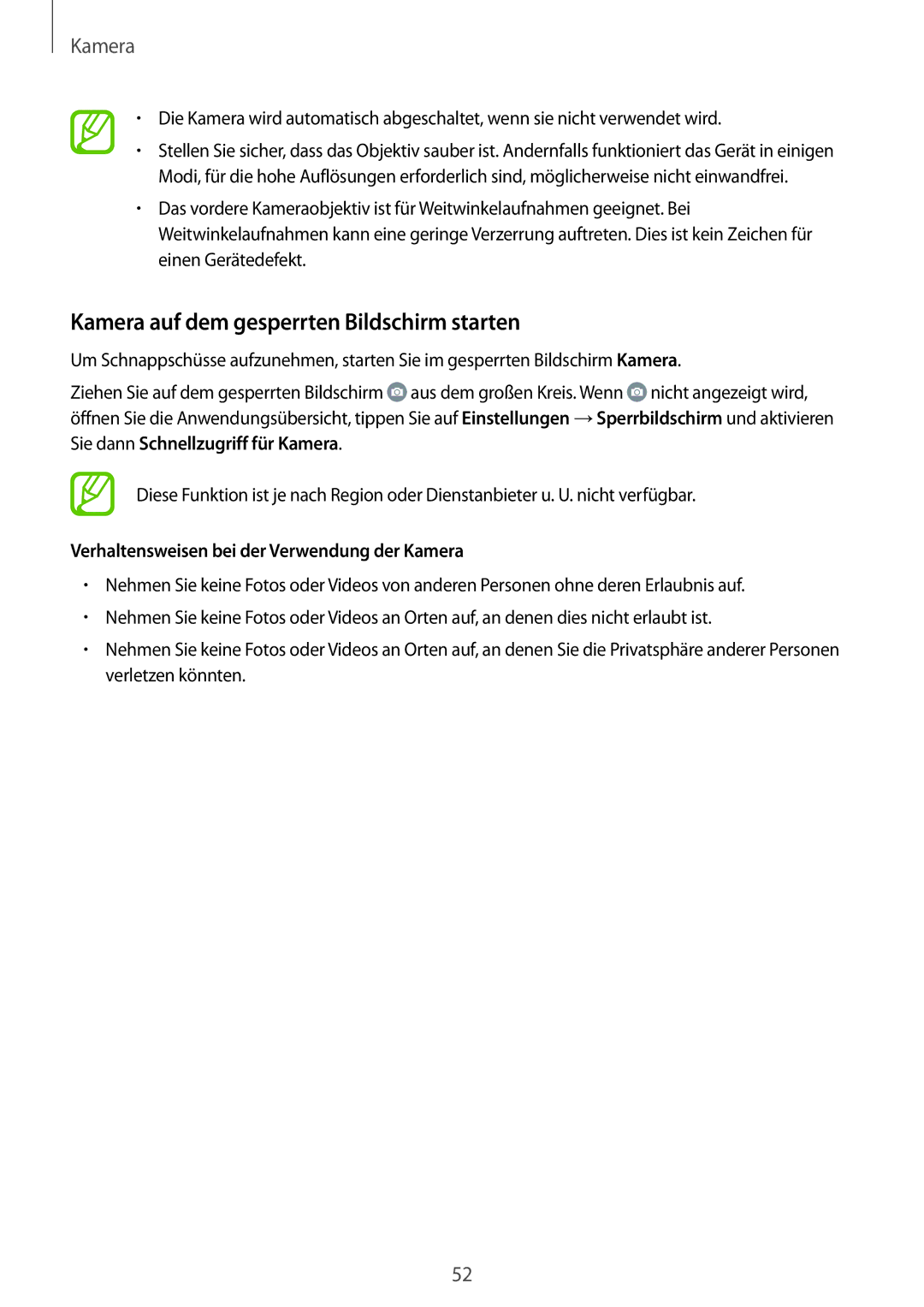 Samsung SM-G530FZAAMEO manual Kamera auf dem gesperrten Bildschirm starten, Verhaltensweisen bei der Verwendung der Kamera 