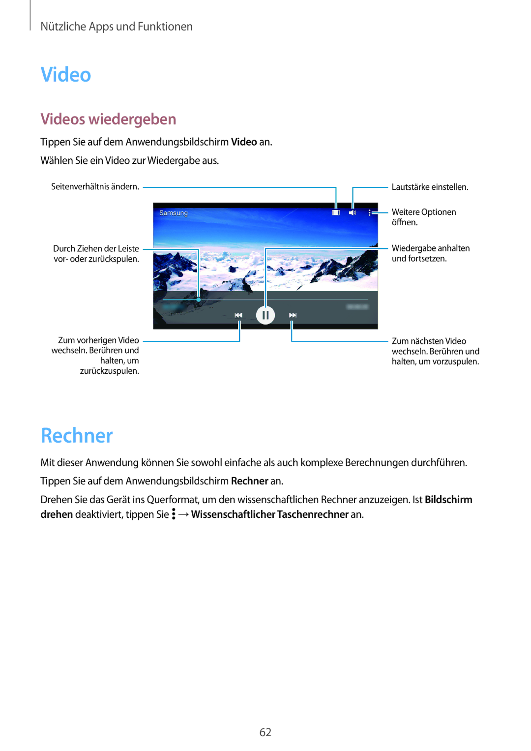 Samsung SM-G530FZWASEB, SM-G530FZWAOPT, SM-G530FZAATCL, SM-G530FZAATPH, SM-G530FZWATPH manual Rechner, Videos wiedergeben 