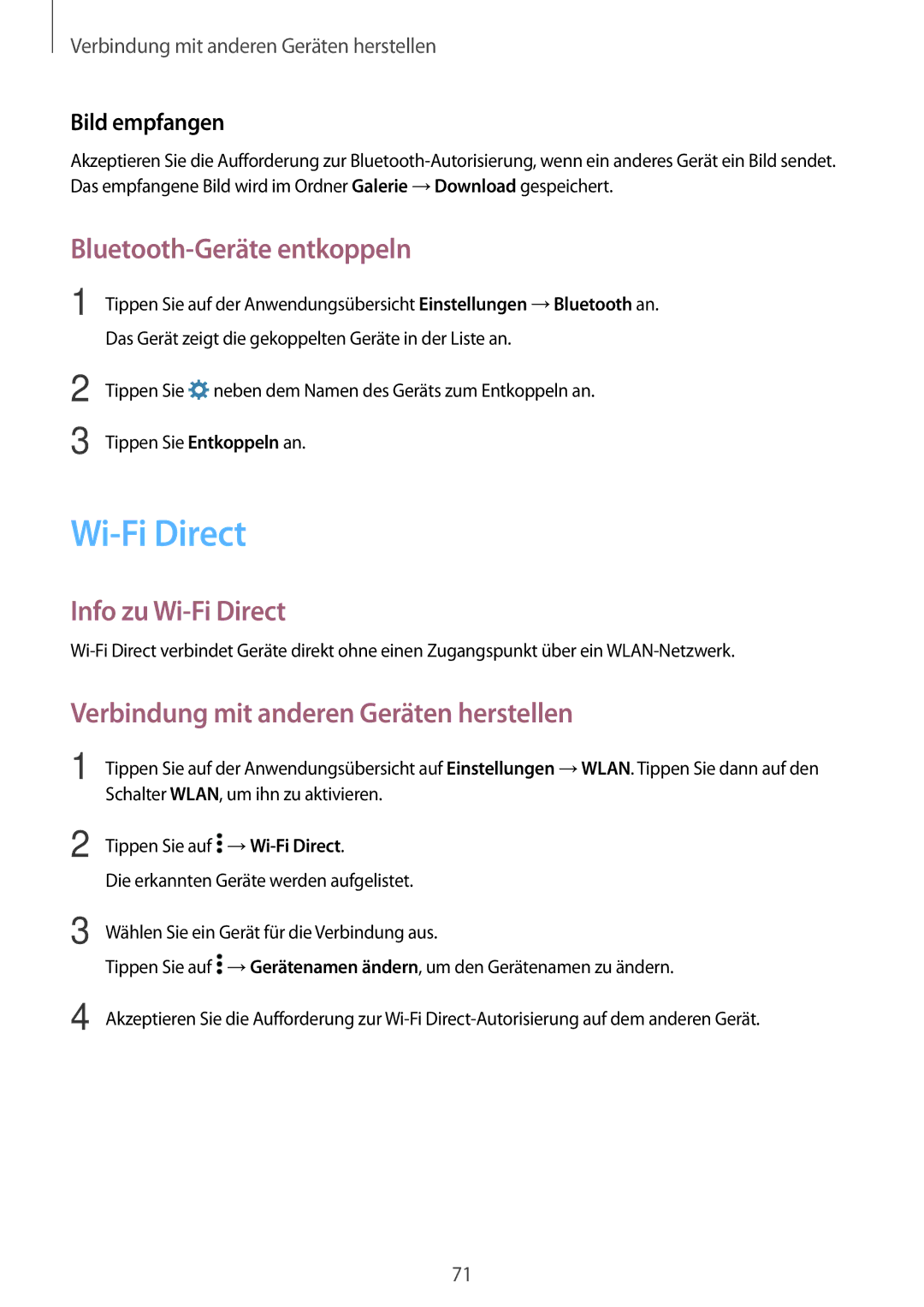 Samsung SM-G530FZDASEB Bluetooth-Geräte entkoppeln, Info zu Wi-Fi Direct, Verbindung mit anderen Geräten herstellen 