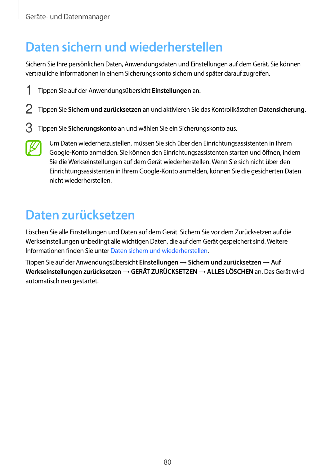 Samsung SM-G530FZWAOPT, SM-G530FZAATCL, SM-G530FZWASEB manual Daten sichern und wiederherstellen, Daten zurücksetzen 