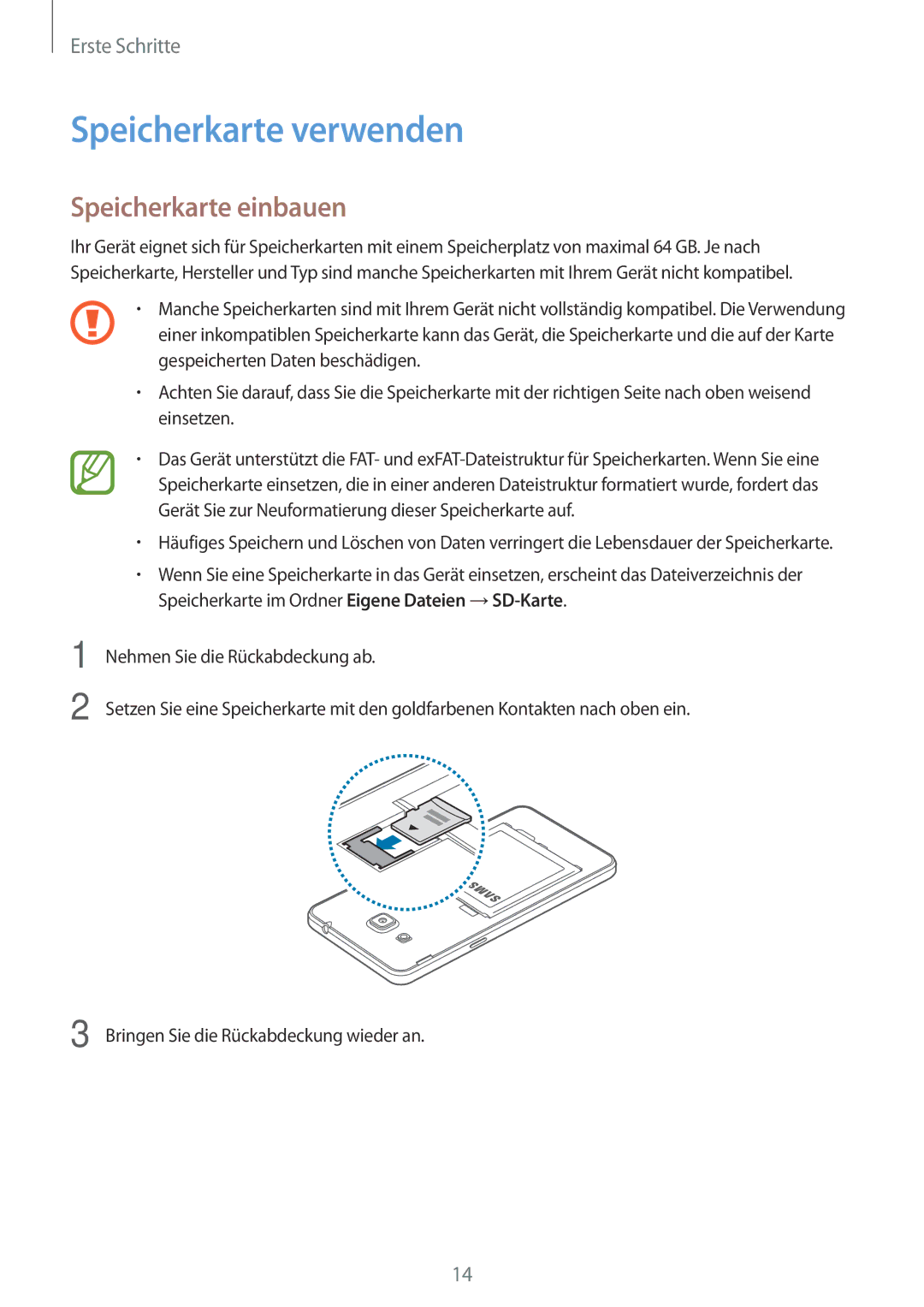 Samsung SM-G530FZAASEB, SM-G530FZWAOPT, SM-G530FZAATCL, SM-G530FZWASEB manual Speicherkarte verwenden, Speicherkarte einbauen 