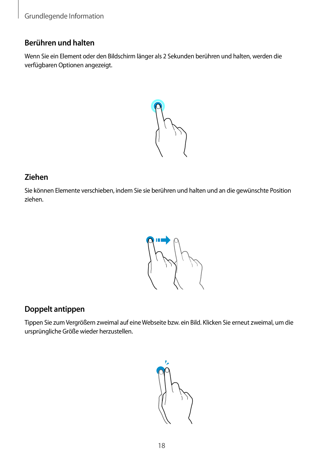Samsung SM-G530FZAASFR, SM-G530FZWAOPT, SM-G530FZAATCL, SM-G530FZWASEB manual Berühren und halten, Ziehen, Doppelt antippen 