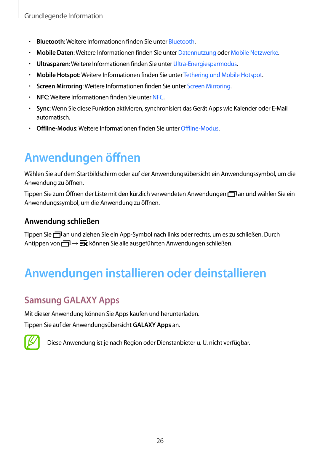 Samsung SM-G530FZAAOPT manual Anwendungen öffnen, Anwendungen installieren oder deinstallieren, Samsung Galaxy Apps 