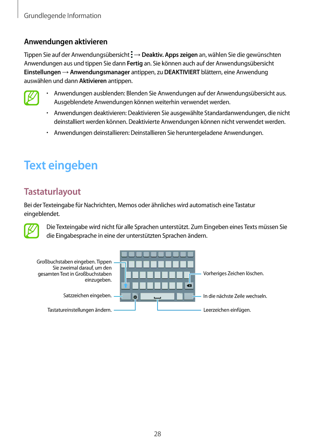 Samsung SM-G530FZWADBT, SM-G530FZWAOPT, SM-G530FZAATCL, SM-G530FZWASEB Text eingeben, Tastaturlayout, Anwendungen aktivieren 