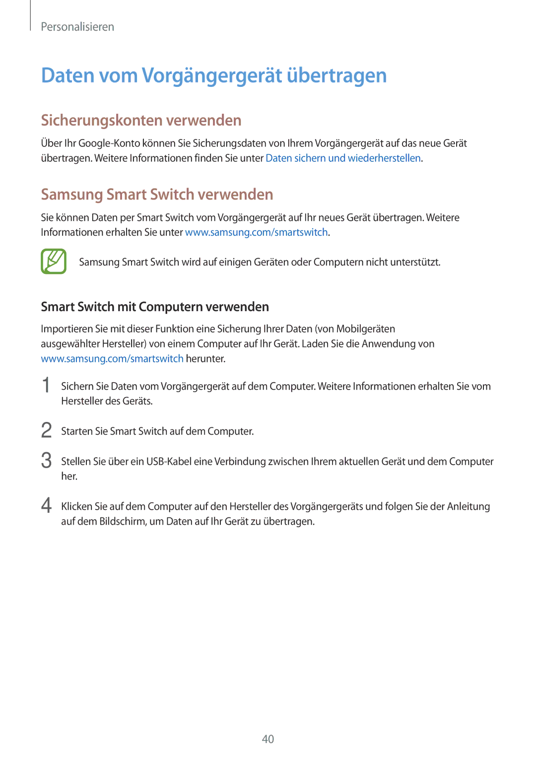 Samsung SM-G530FZWAOPT Daten vom Vorgängergerät übertragen, Sicherungskonten verwenden, Samsung Smart Switch verwenden 