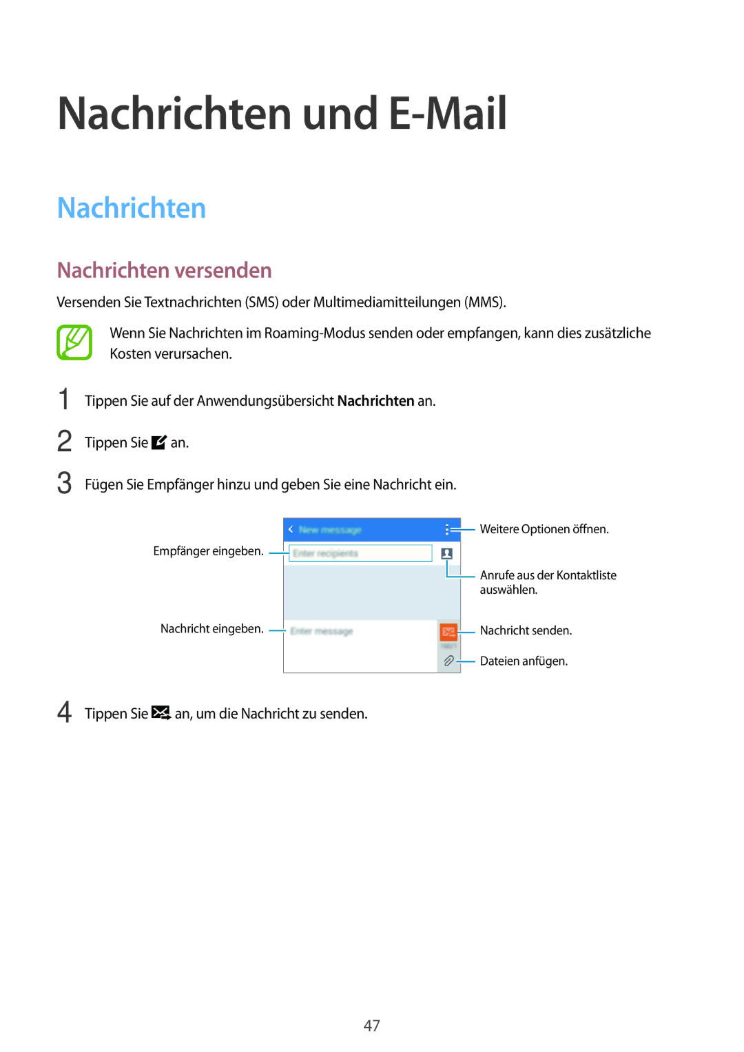 Samsung SM-G530FZWATCL, SM-G530FZWAOPT, SM-G530FZAATCL, SM-G530FZWASEB manual Nachrichten und E-Mail, Nachrichten versenden 