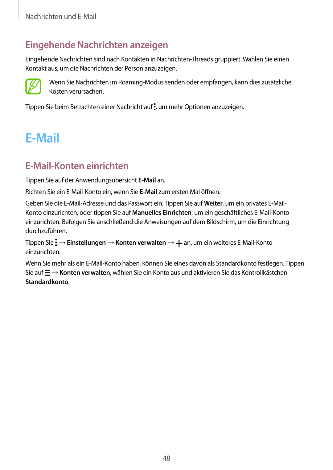 Samsung SM-G530FZWADBT, SM-G530FZWAOPT, SM-G530FZAATCL manual Eingehende Nachrichten anzeigen, Mail-Konten einrichten 