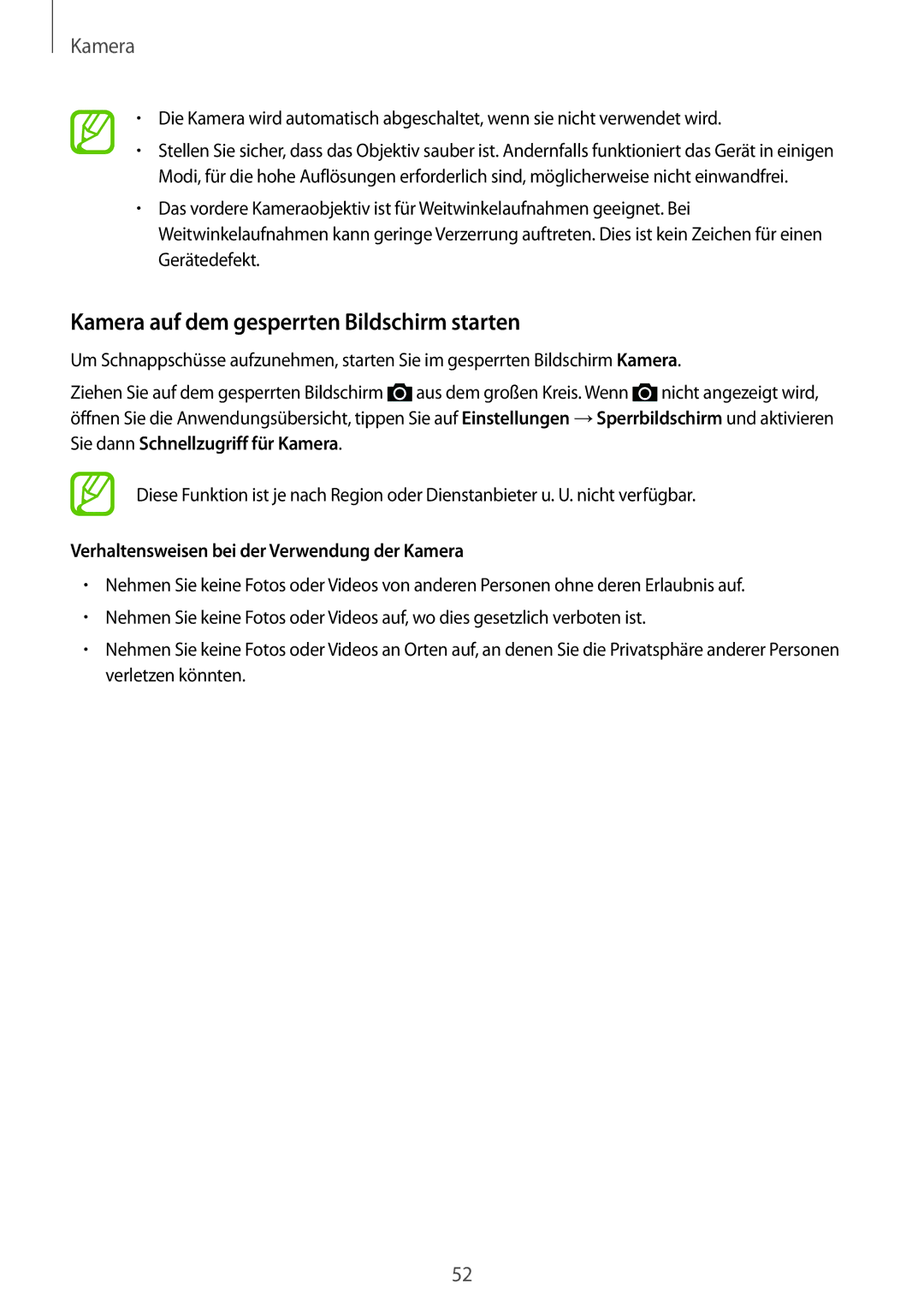 Samsung SM-G530FZAAMEO manual Kamera auf dem gesperrten Bildschirm starten, Verhaltensweisen bei der Verwendung der Kamera 