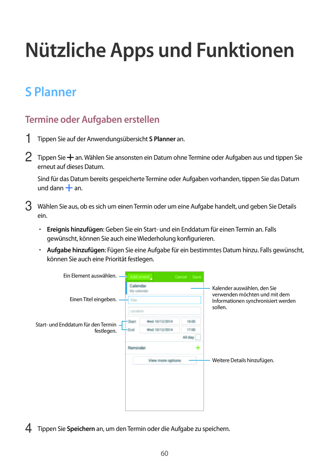 Samsung SM-G530FZWAOPT, SM-G530FZAATCL, SM-G530FZWASEB, SM-G530FZAATPH manual Planner, Termine oder Aufgaben erstellen 