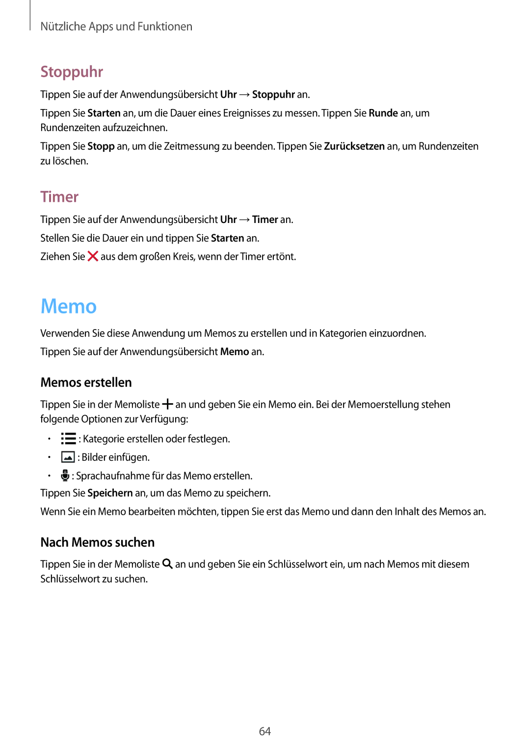 Samsung SM-G530FZWATPH, SM-G530FZWAOPT, SM-G530FZAATCL manual Stoppuhr, Timer, Memos erstellen, Nach Memos suchen 