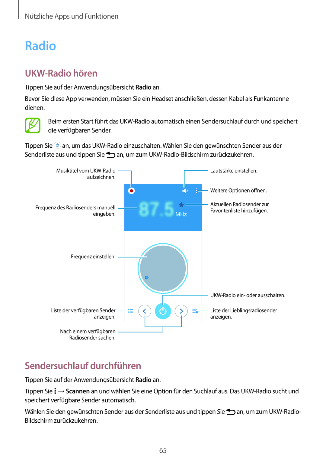 Samsung SM-G530FZWAMEO, SM-G530FZWAOPT, SM-G530FZAATCL, SM-G530FZWASEB manual UKW-Radio hören, Sendersuchlauf durchführen 