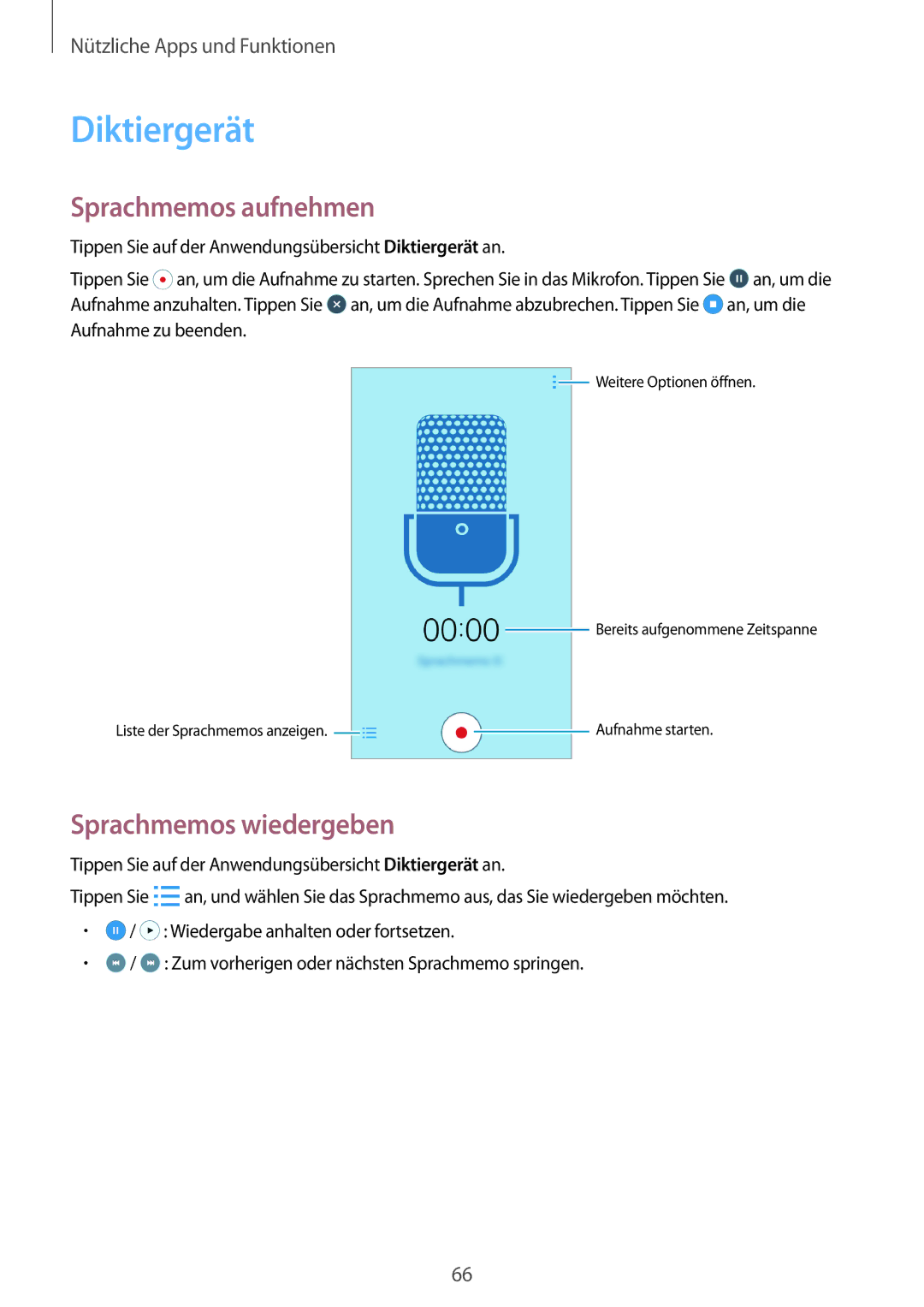 Samsung SM-G530FZAAOPT, SM-G530FZWAOPT, SM-G530FZAATCL manual Diktiergerät, Sprachmemos aufnehmen, Sprachmemos wiedergeben 