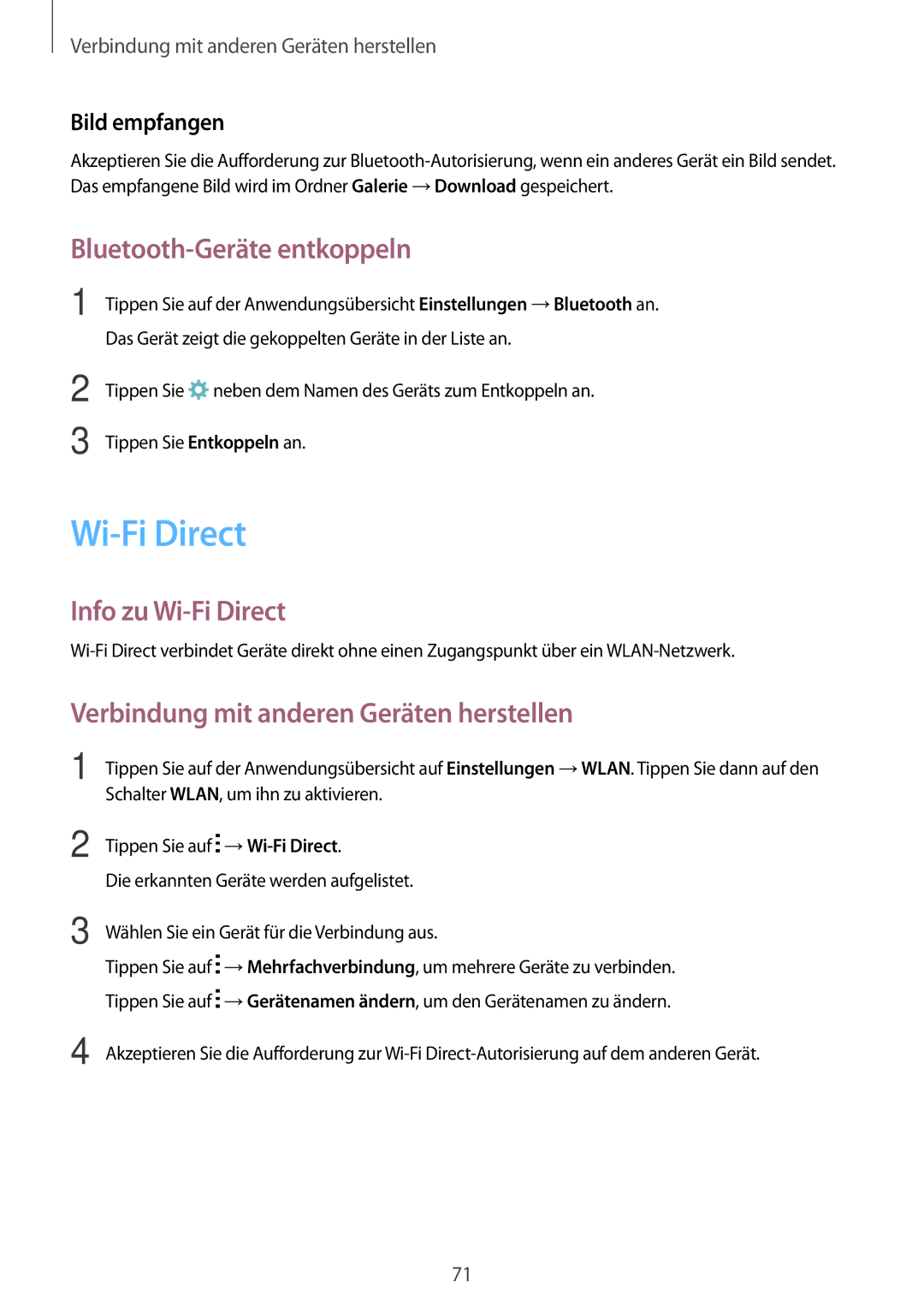 Samsung SM-G530FZDASEB Bluetooth-Geräte entkoppeln, Info zu Wi-Fi Direct, Verbindung mit anderen Geräten herstellen 