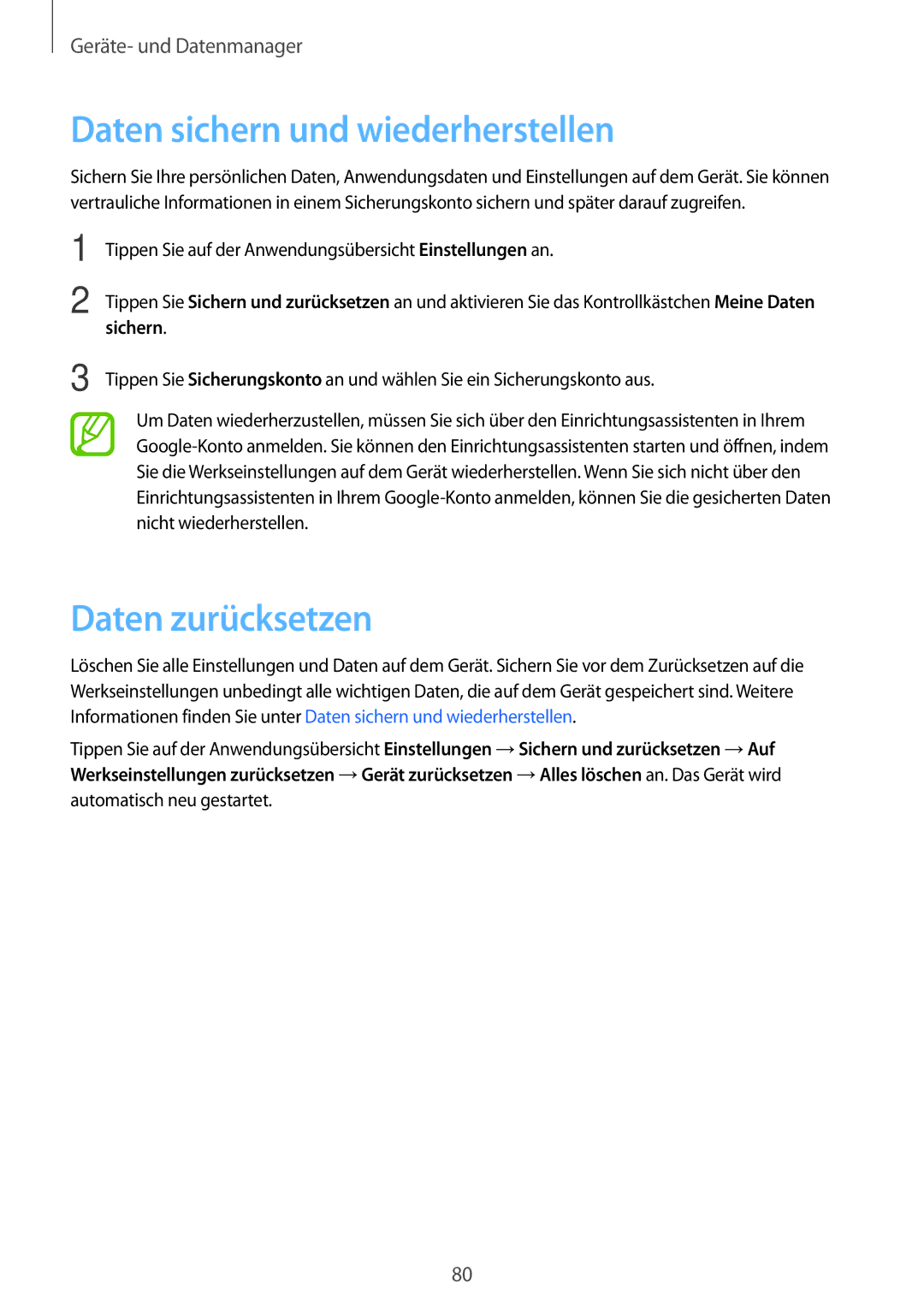 Samsung SM-G530FZWAOPT, SM-G530FZAATCL, SM-G530FZWASEB manual Daten sichern und wiederherstellen, Daten zurücksetzen 