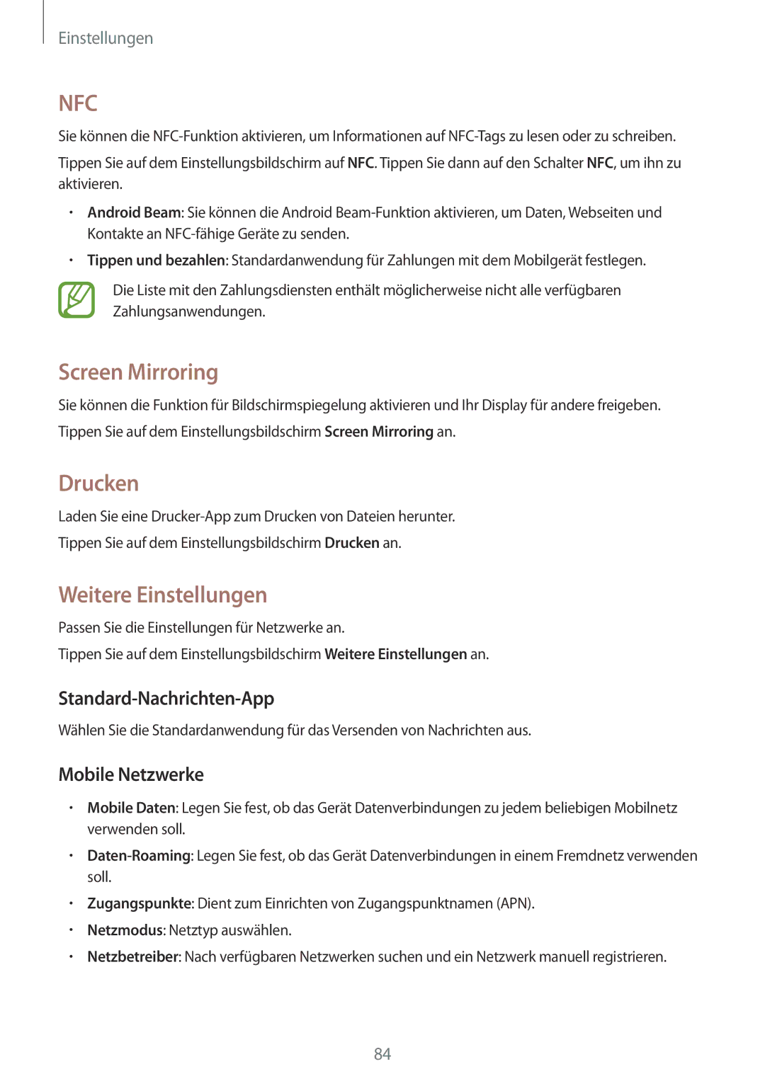 Samsung SM-G530FZWATPH manual Screen Mirroring, Drucken, Weitere Einstellungen, Standard-Nachrichten-App, Mobile Netzwerke 