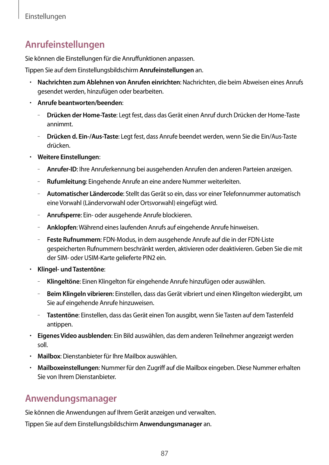 Samsung SM-G530FZWATCL manual Anrufeinstellungen, Anwendungsmanager, Weitere Einstellungen, Klingel- und Tastentöne 