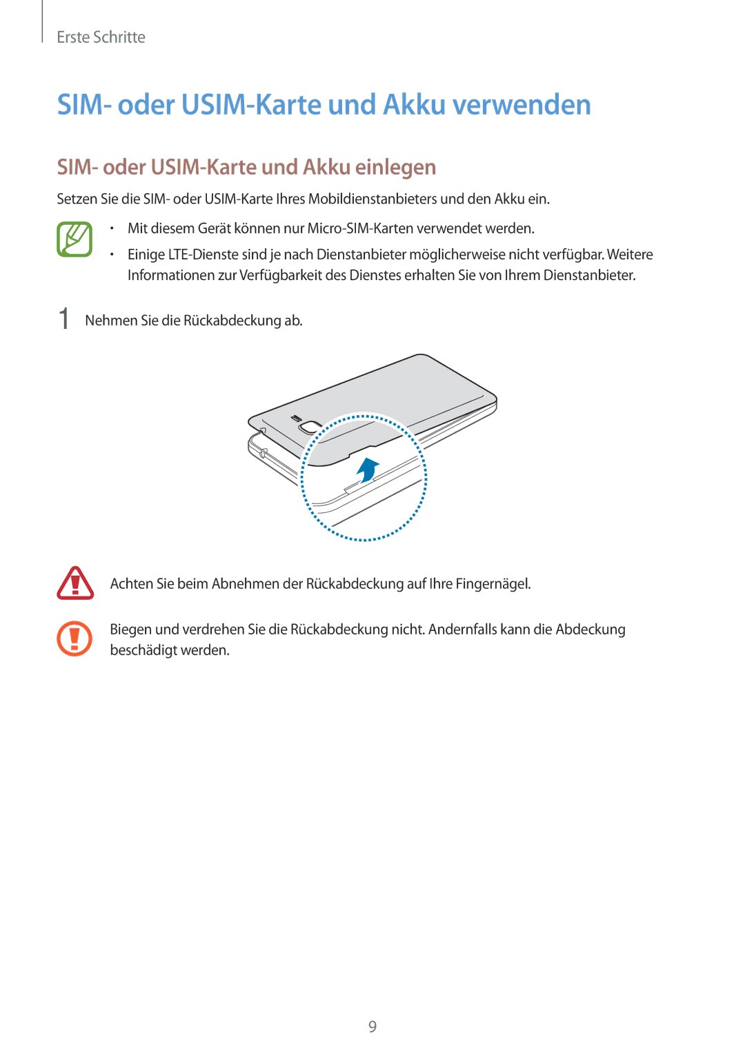 Samsung SM-G530FZAAXEO, SM-G530FZWAOPT SIM- oder USIM-Karte und Akku verwenden, SIM- oder USIM-Karte und Akku einlegen 