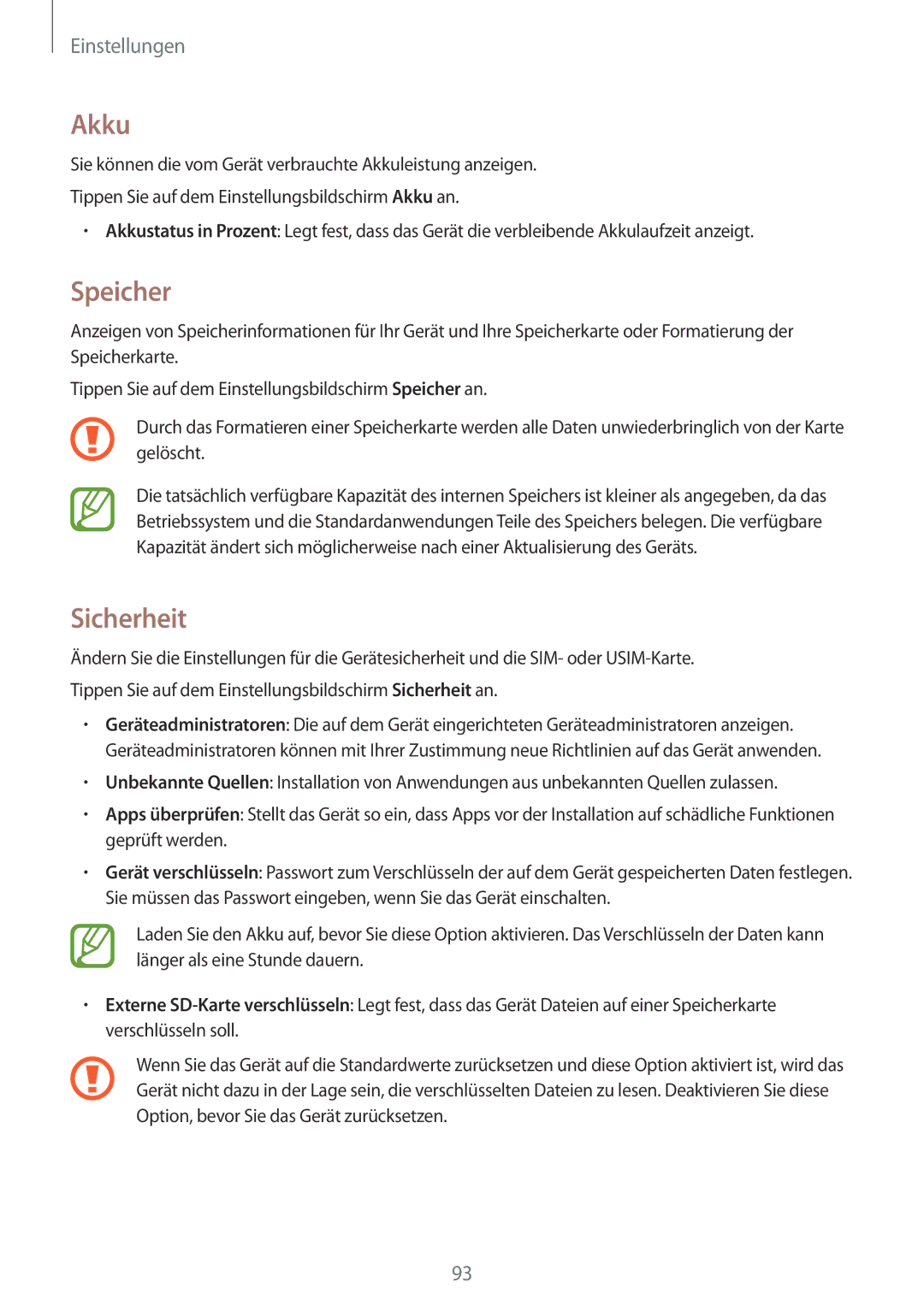 Samsung SM-G530FZAADBT, SM-G530FZWAOPT, SM-G530FZAATCL, SM-G530FZWASEB, SM-G530FZAATPH manual Akku, Speicher, Sicherheit 