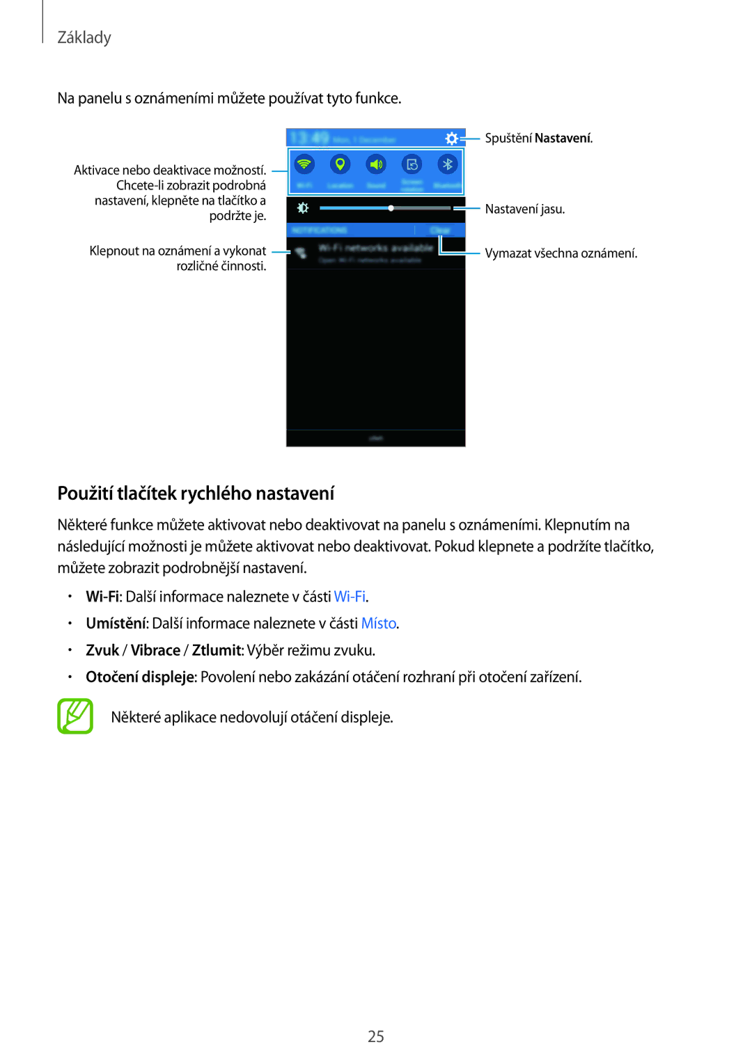 Samsung SM-G530FZAATMH manual Použití tlačítek rychlého nastavení, Na panelu s oznámeními můžete používat tyto funkce 
