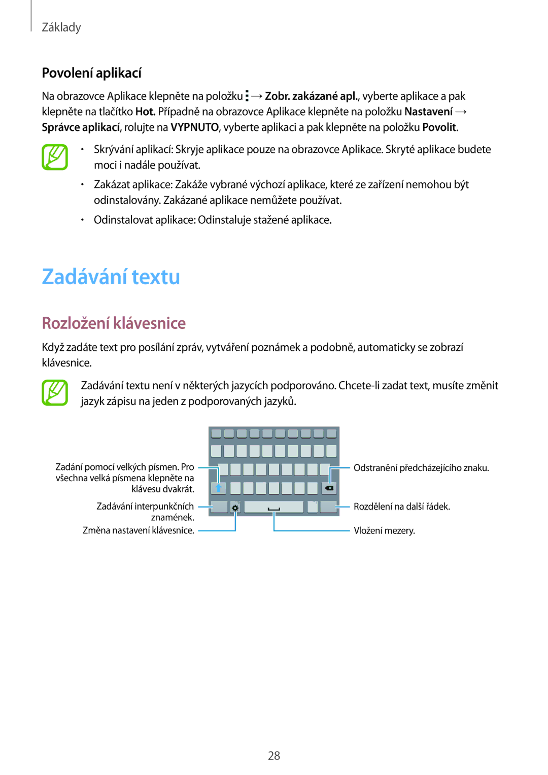 Samsung SM-G530FZWAPRT, SM-G530FZAAPLS, SM-G530FZWATPL manual Zadávání textu, Rozložení klávesnice, Povolení aplikací 