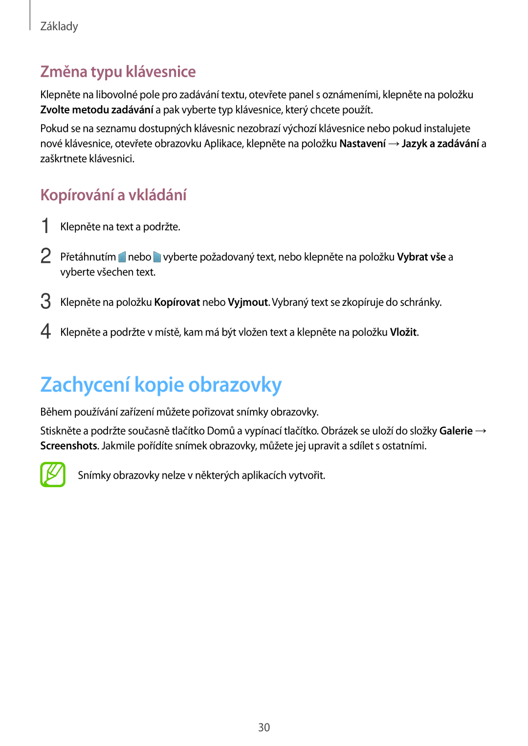 Samsung SM-G530FZWATPL, SM-G530FZWAPRT manual Zachycení kopie obrazovky, Změna typu klávesnice, Kopírování a vkládání 