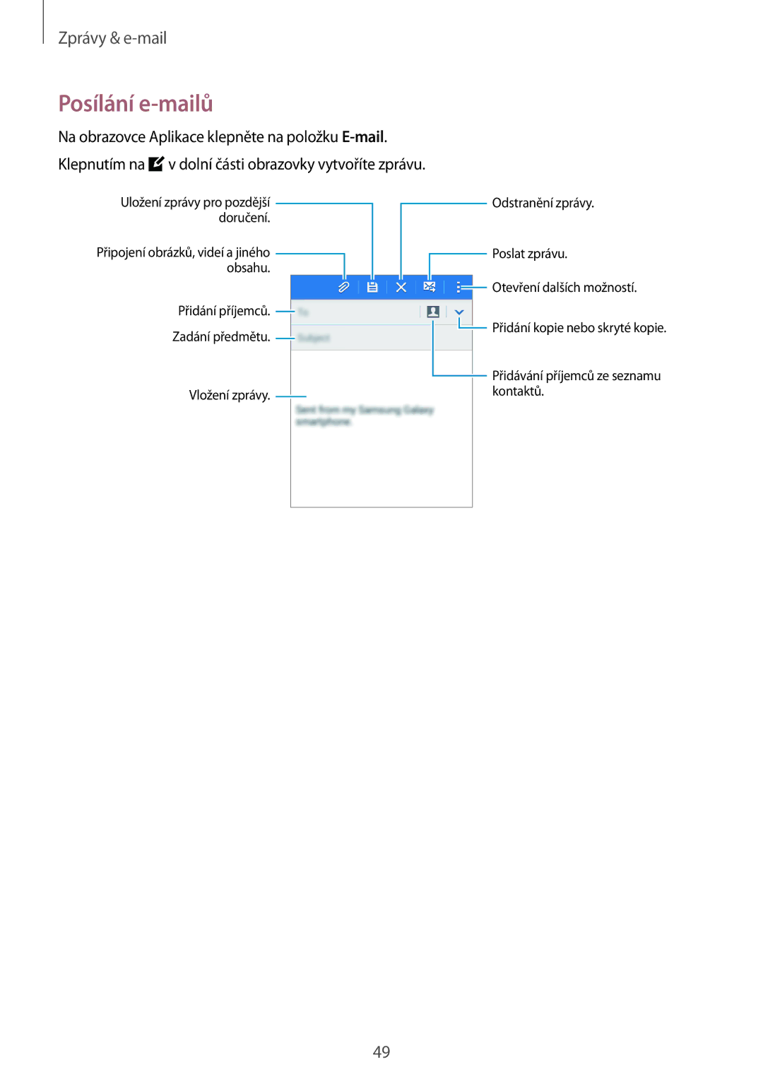 Samsung SM-G530FZAAETL, SM-G530FZWAPRT, SM-G530FZAAPLS, SM-G530FZWATPL, SM-G530FZAAPRT, SM-G530FZAAORX manual Posílání e-mailů 