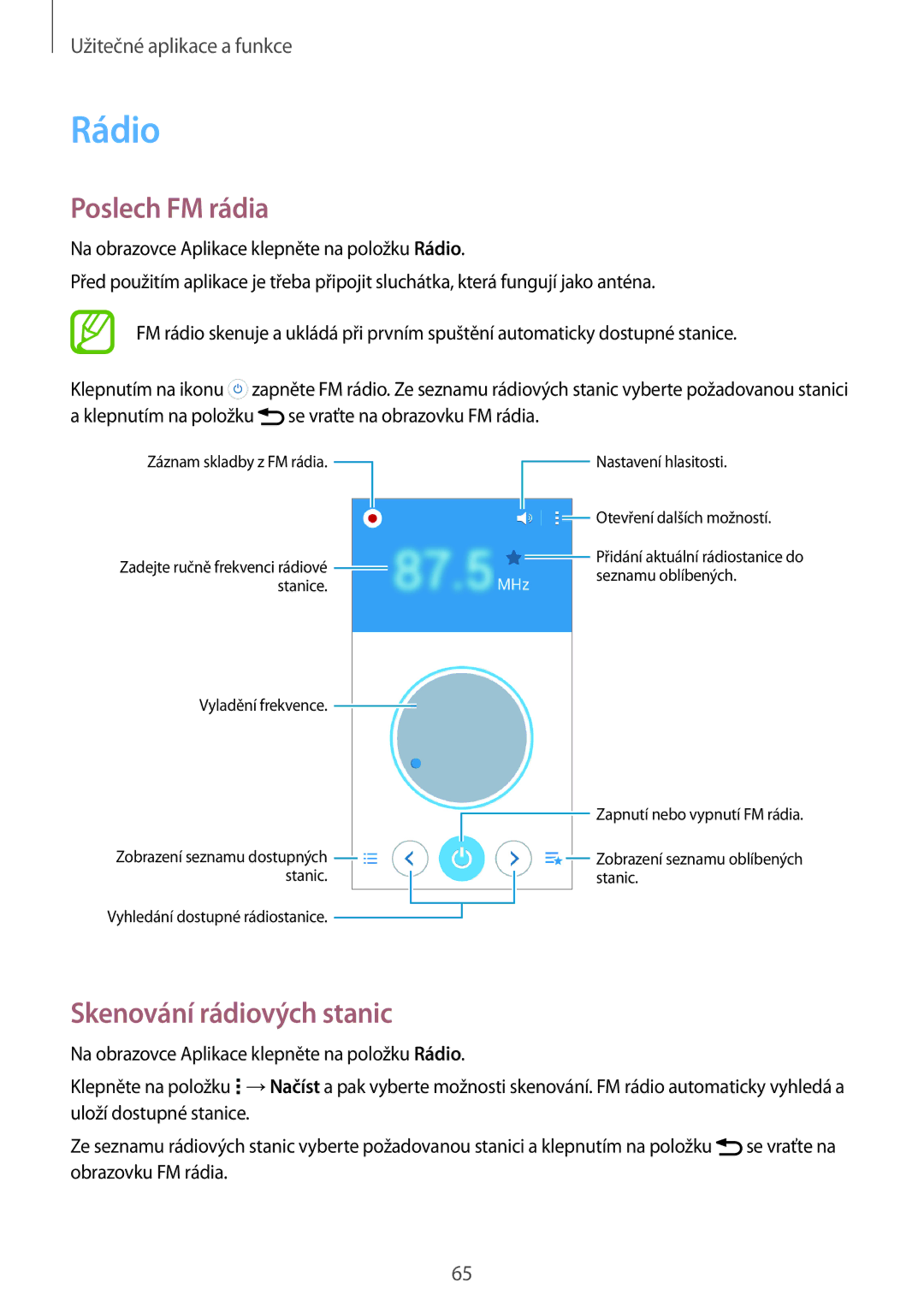 Samsung SM2G530FZWAPAN, SM-G530FZWAPRT, SM-G530FZAAPLS, SM-G530FZWATPL Rádio, Poslech FM rádia, Skenování rádiových stanic 