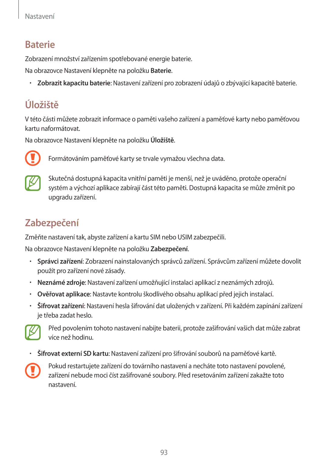 Samsung SM2G530FZWAPAN, SM-G530FZWAPRT, SM-G530FZAAPLS, SM-G530FZWATPL, SM-G530FZAAPRT manual Baterie, Úložiště, Zabezpečení 