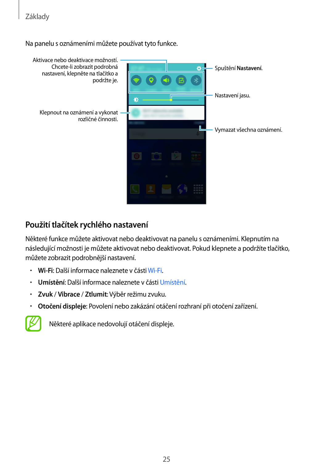 Samsung SM-G530FZAATMH manual Použití tlačítek rychlého nastavení, Na panelu s oznámeními můžete používat tyto funkce 