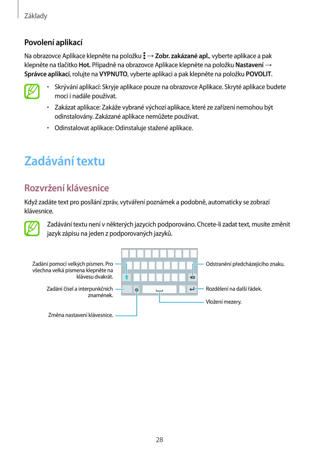 Samsung SM-G530FZWAPRT, SM-G530FZAAPLS, SM-G530FZWATPL manual Zadávání textu, Rozvržení klávesnice, Povolení aplikací 