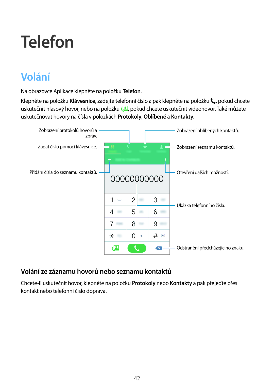 Samsung SM-G530FZWAXEH, SM-G530FZWAPRT, SM-G530FZAAPLS manual Telefon, Volání ze záznamu hovorů nebo seznamu kontaktů 