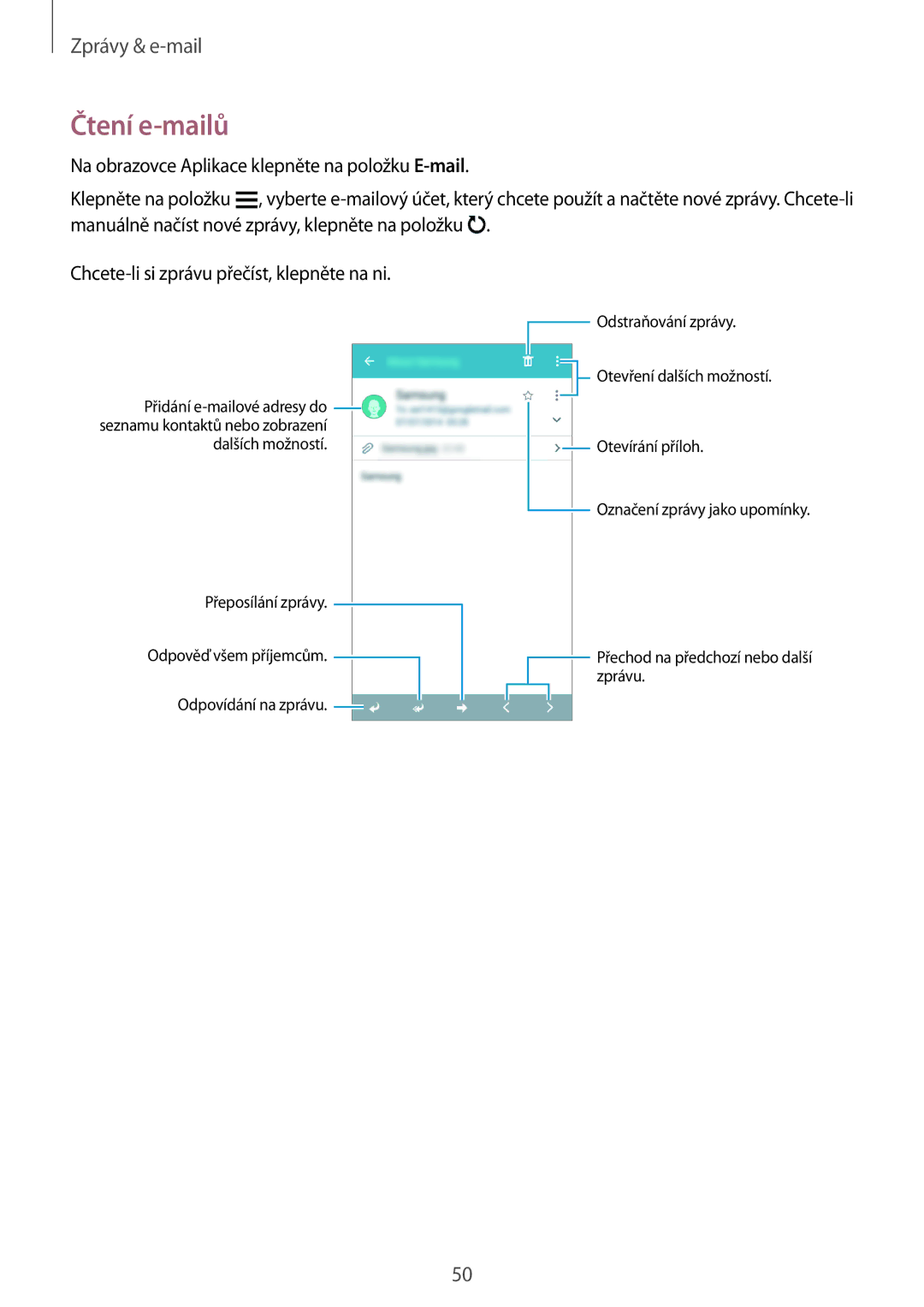Samsung SM2G530FZAAXEH, SM-G530FZWAPRT, SM-G530FZAAPLS, SM-G530FZWATPL, SM-G530FZAAPRT, SM-G530FZAAORX manual Čtení e-mailů 